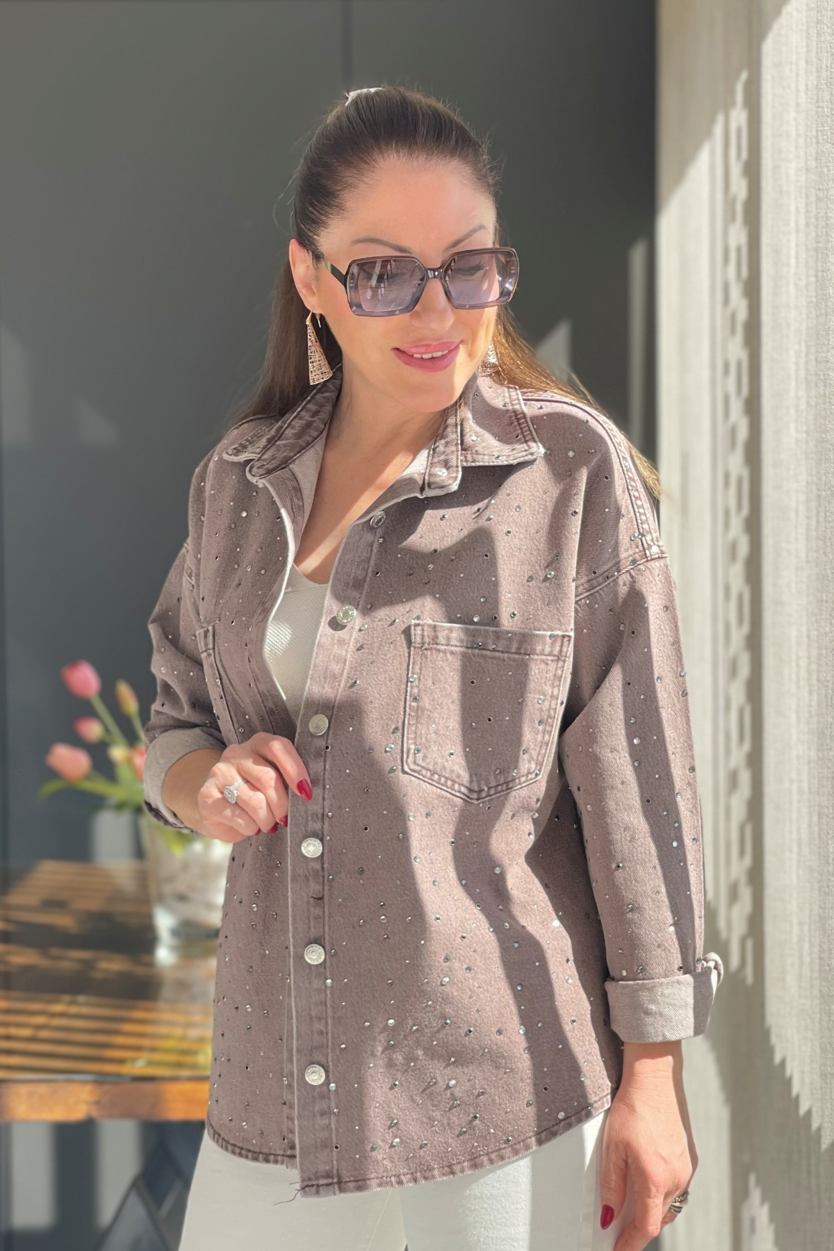 Taş Detay Denim Taş Rengi Gömlek
