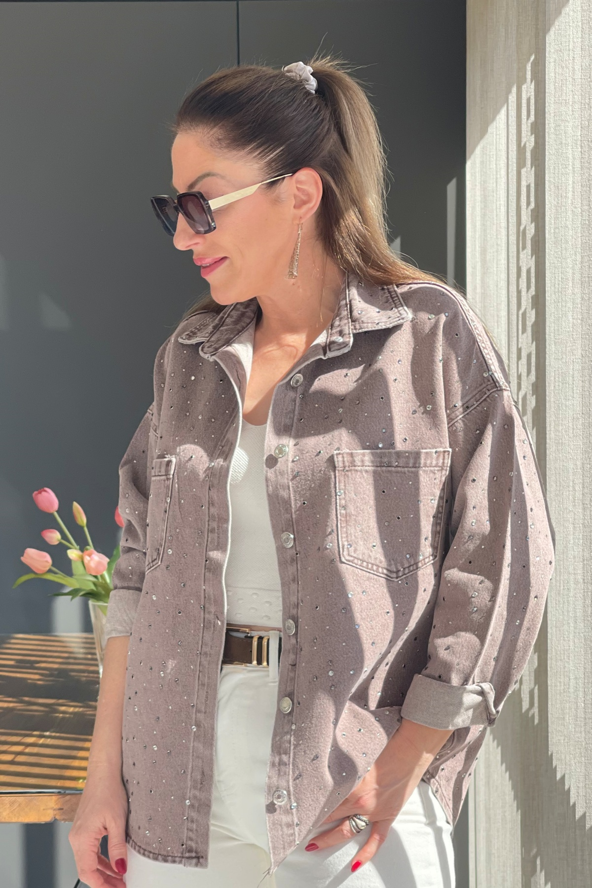 Taş Detay Denim Taş Rengi Gömlek