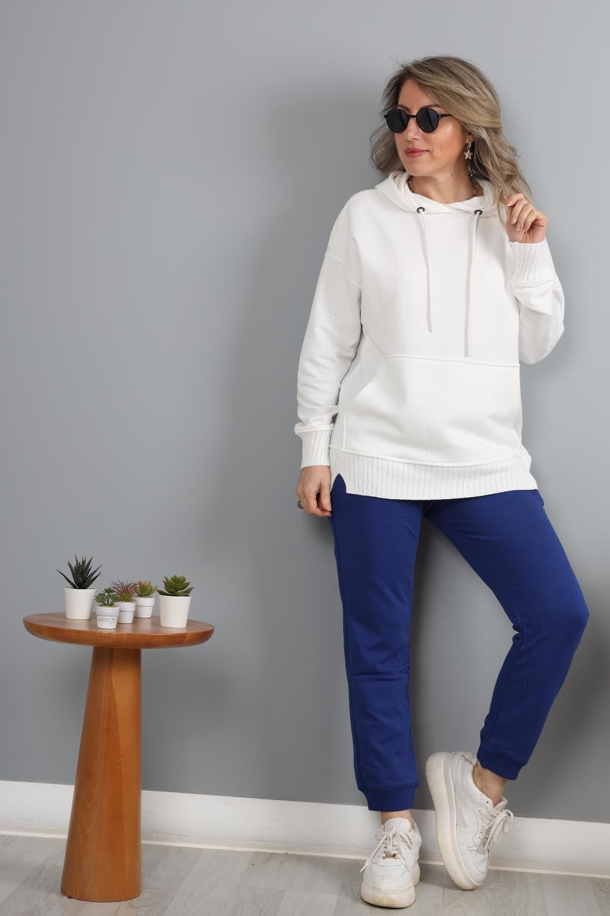 Triko Detay Kapişonlu Ekru Sweat