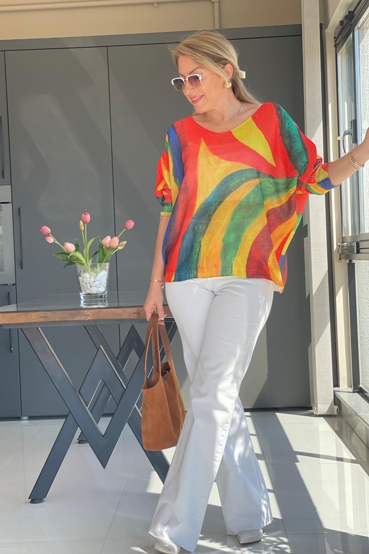 Turuncu Karışık Model Triko Bluz
