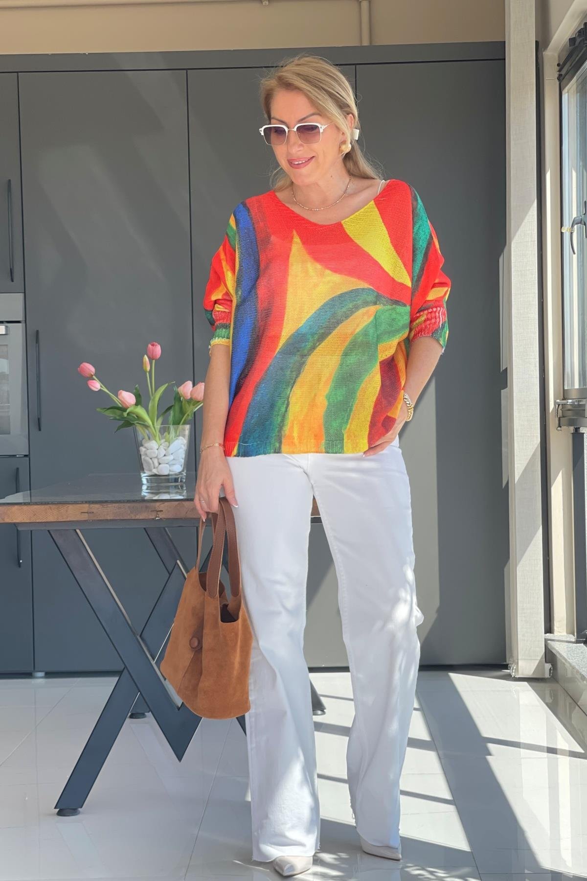 Turuncu Karışık Model Triko Bluz