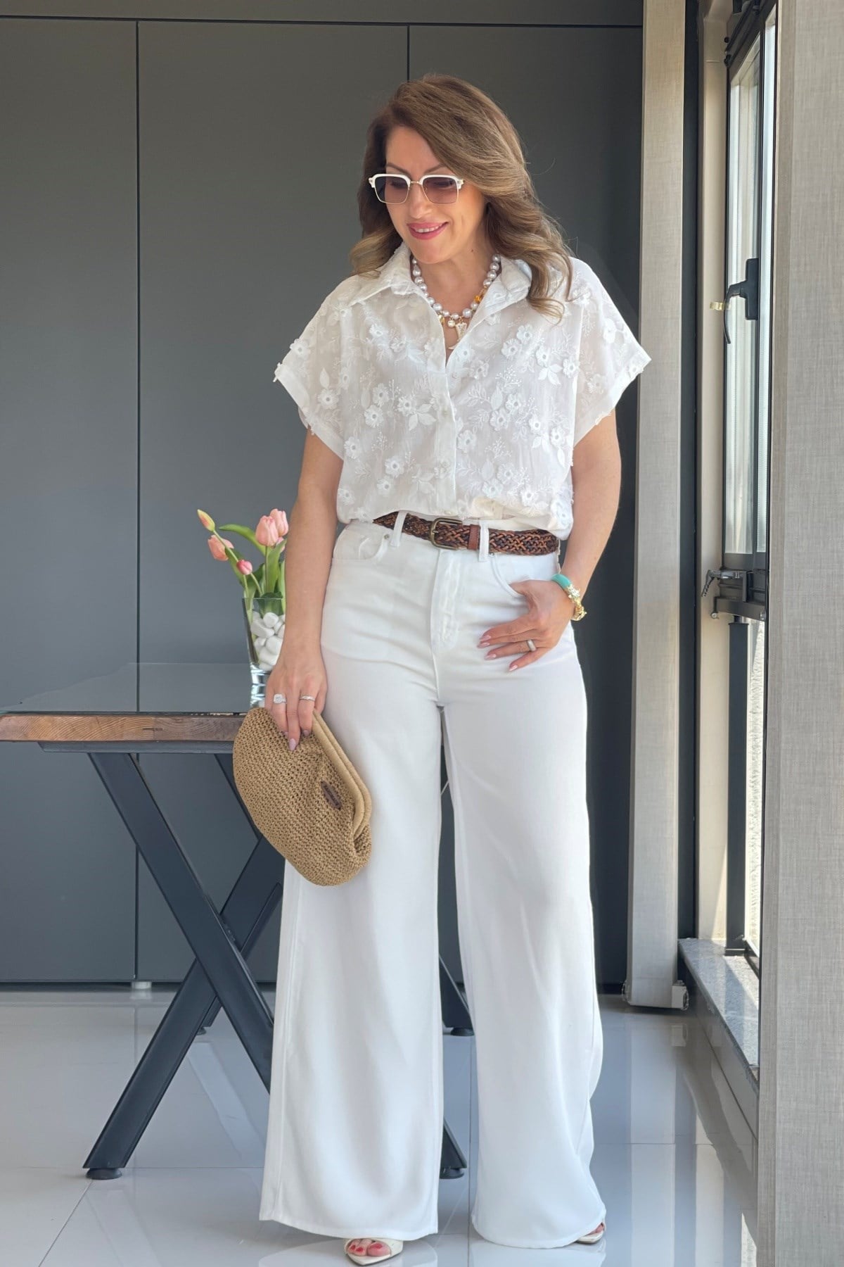 Üç Boyutlu Kısa Kol Ekru Gömlek