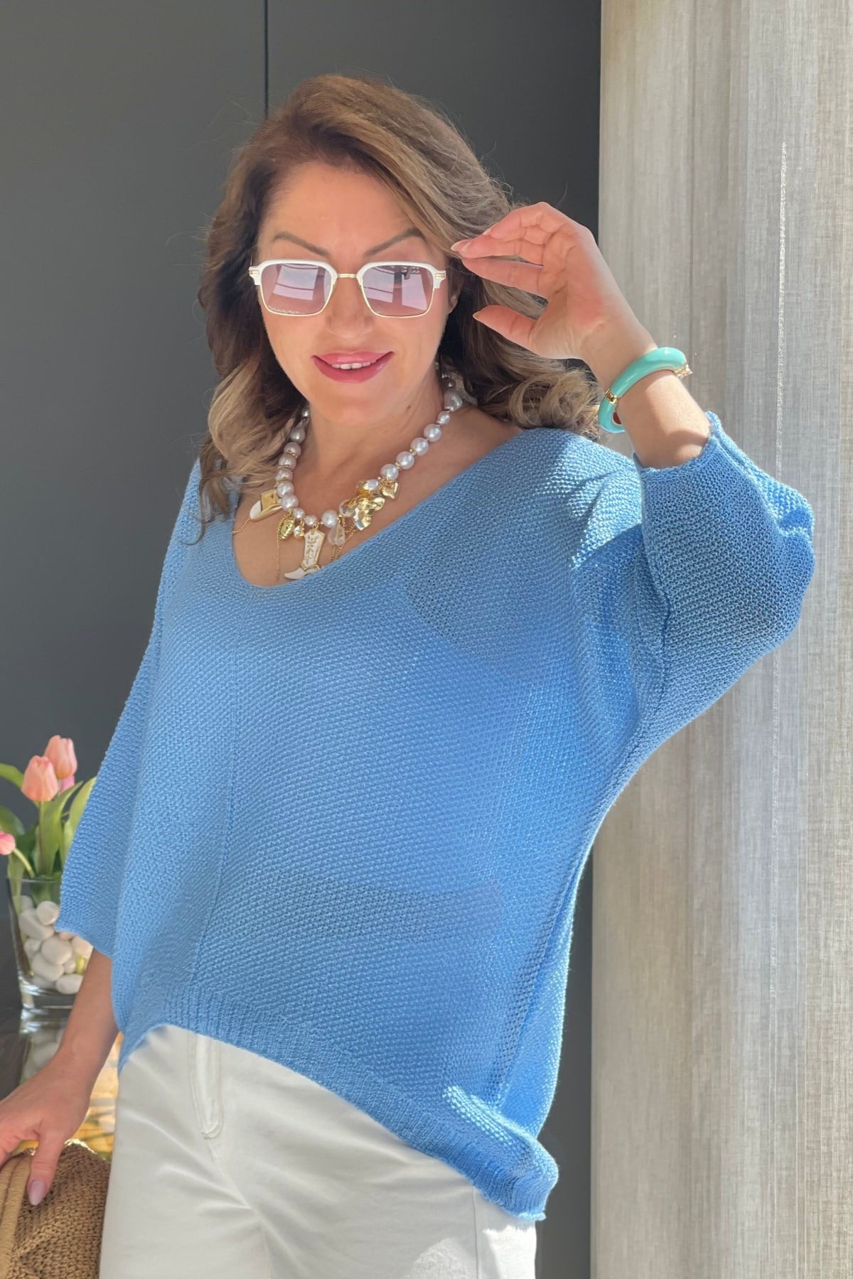 V Yaka Mavi Triko Bluz