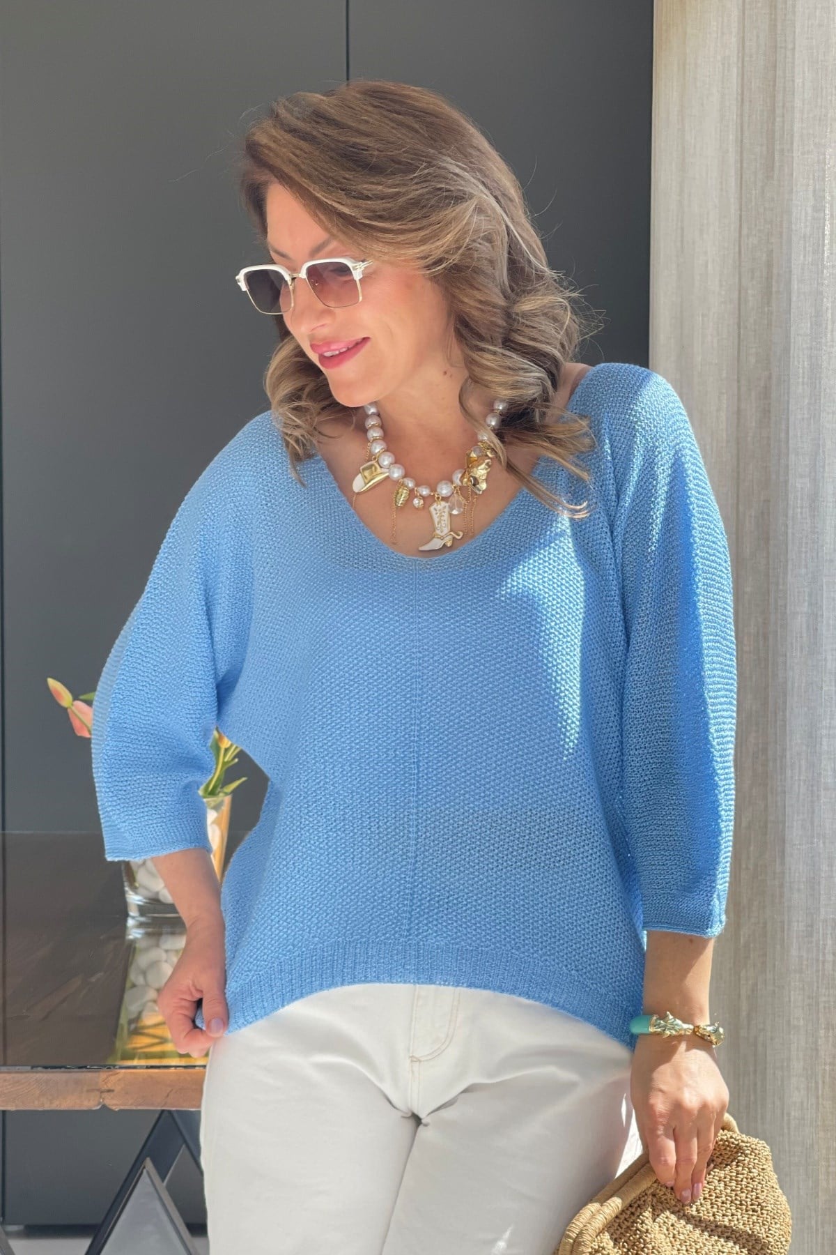 V Yaka Mavi Triko Bluz