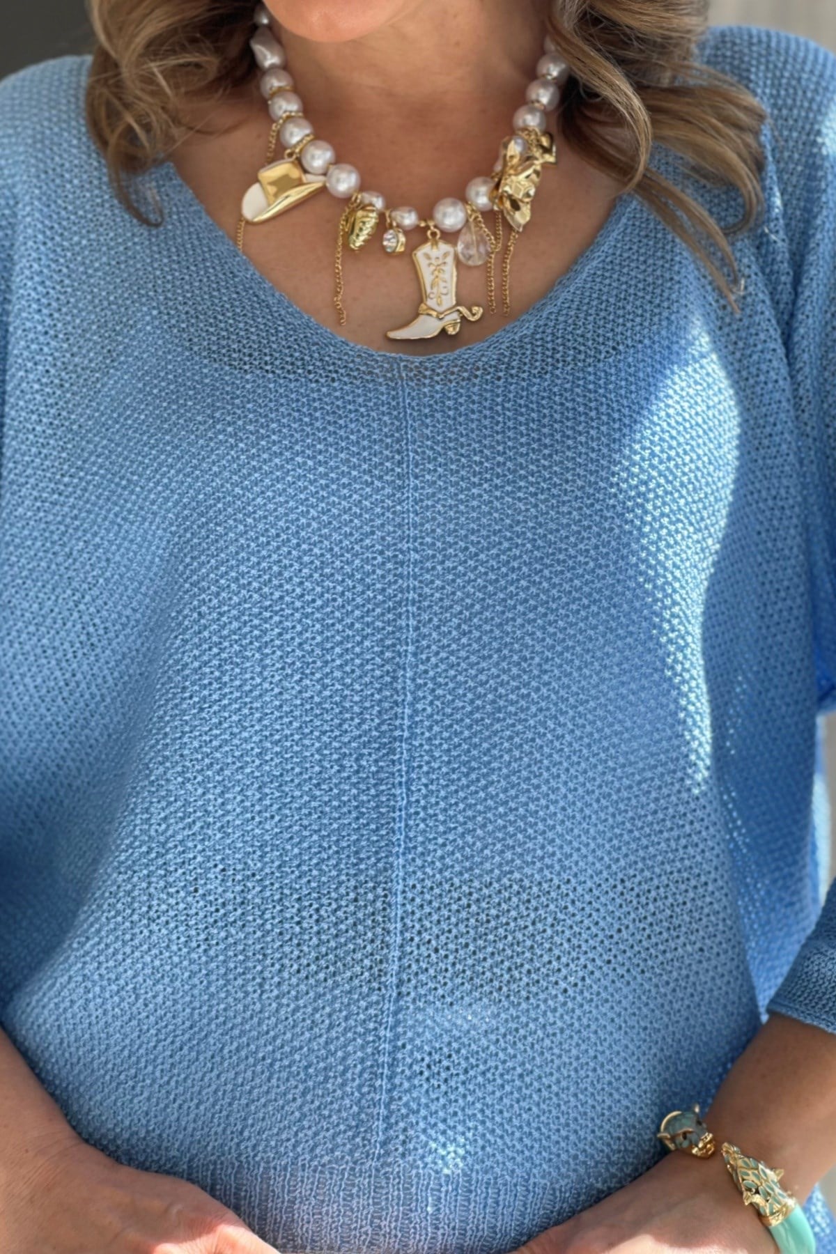 V Yaka Mavi Triko Bluz