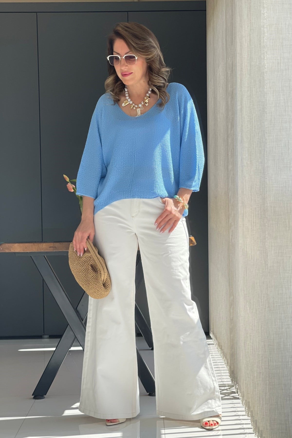 V Yaka Mavi Triko Bluz