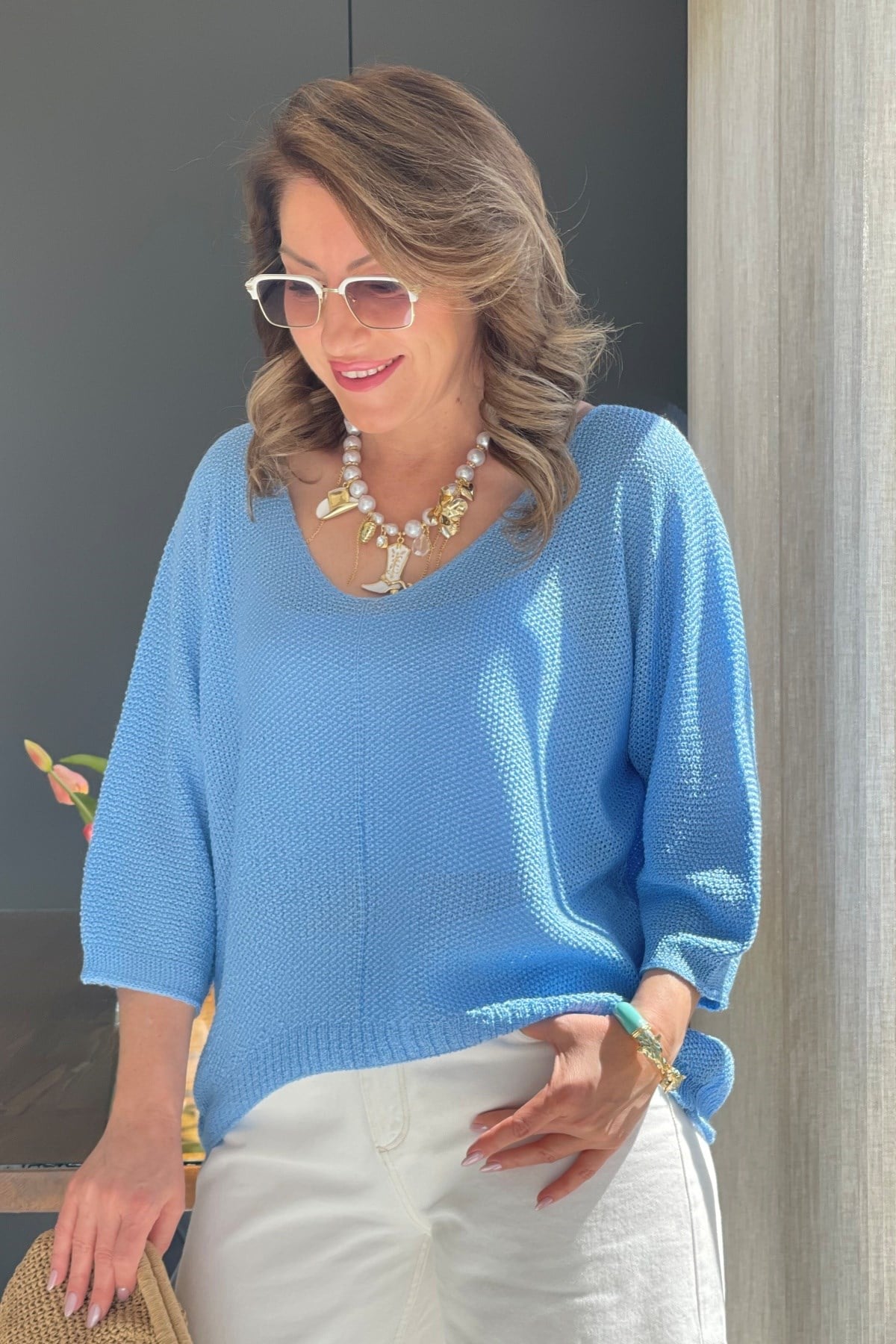 V Yaka Mavi Triko Bluz