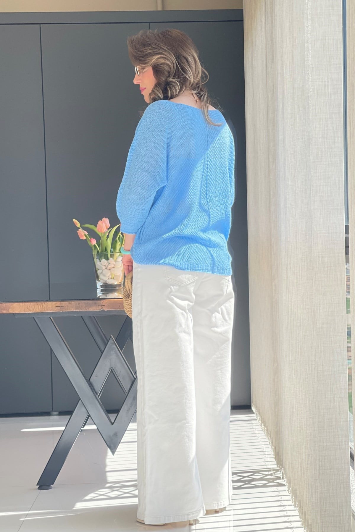 V Yaka Mavi Triko Bluz