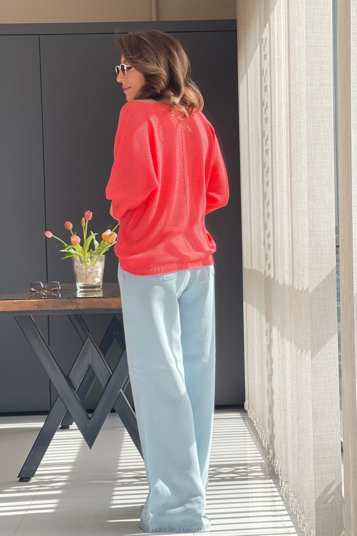 V Yaka Mercan Triko Bluz