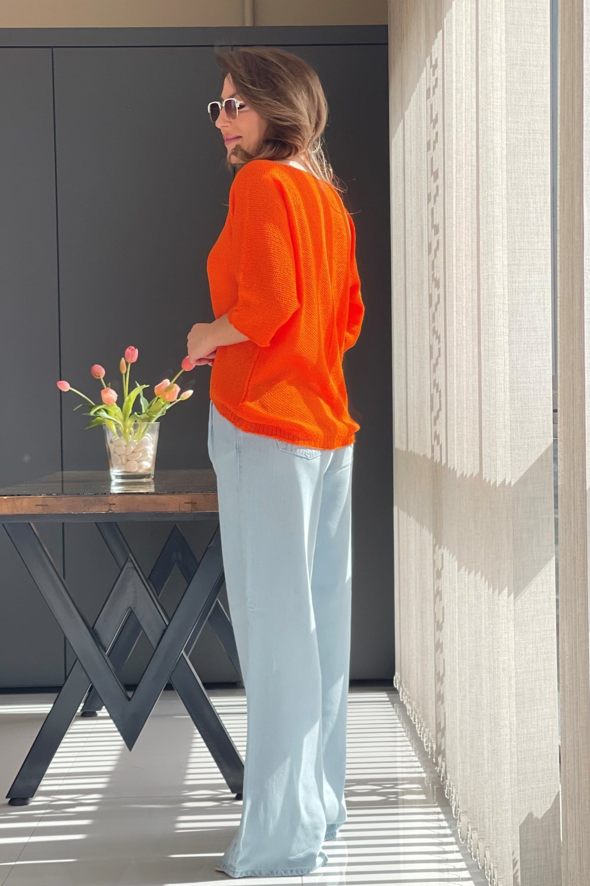 V Yaka Orange Triko Bluz