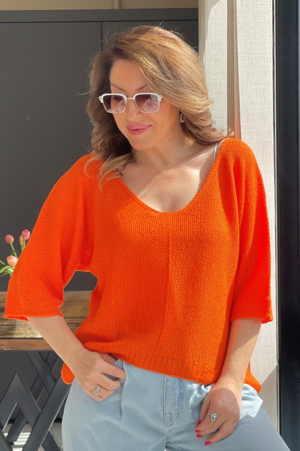 V Yaka Orange Triko Bluz