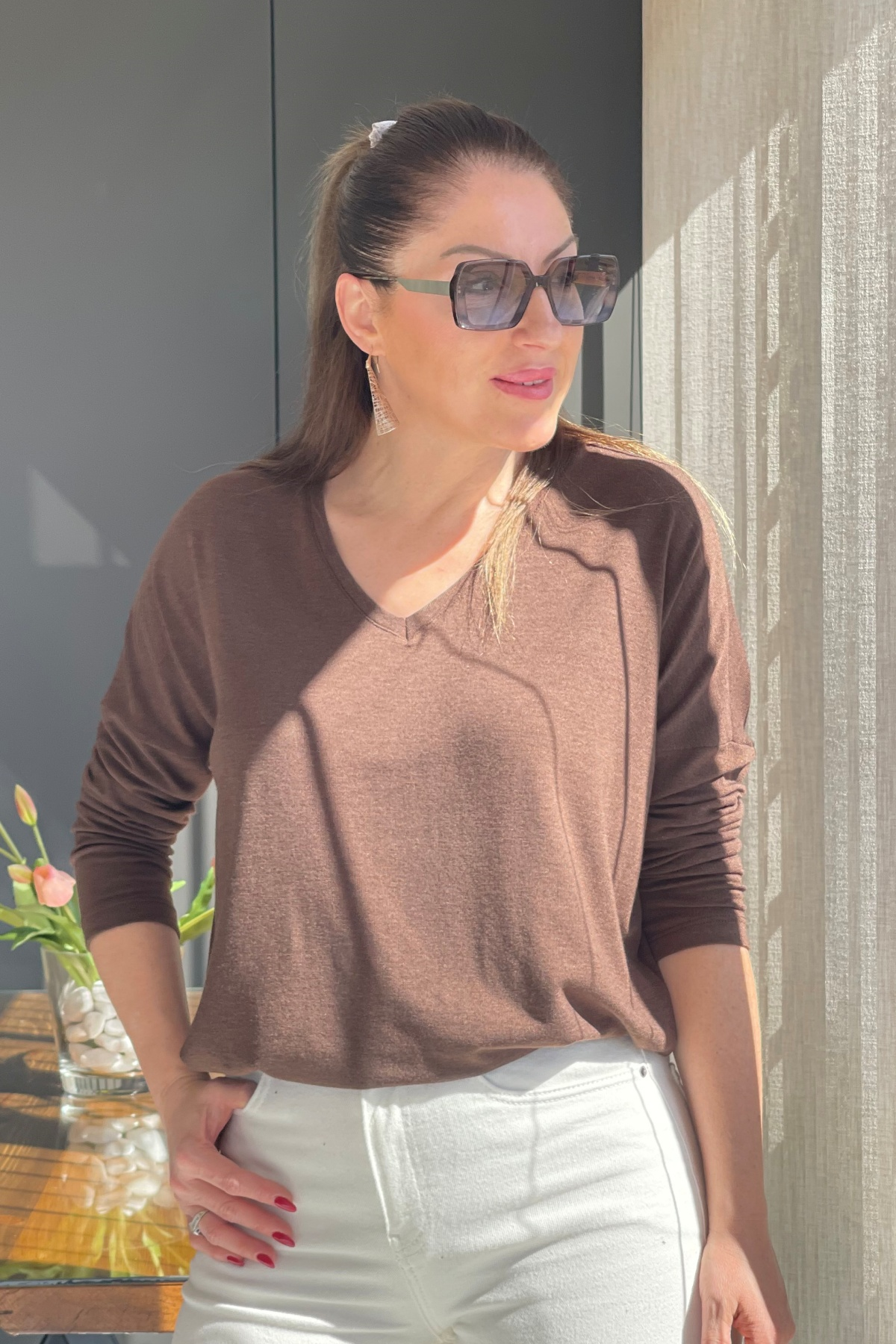 V Yaka Oversize Acı Kahve Bluz