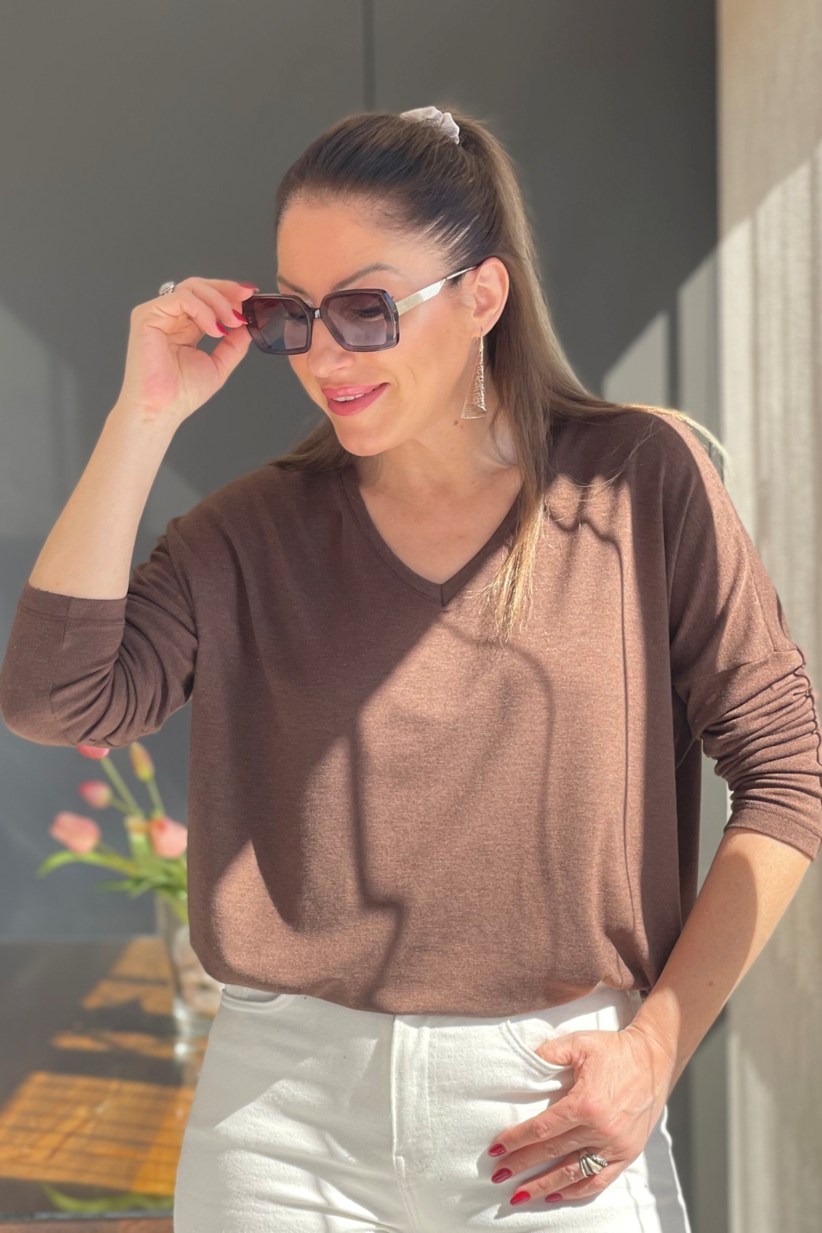 V Yaka Oversize Acı Kahve Bluz