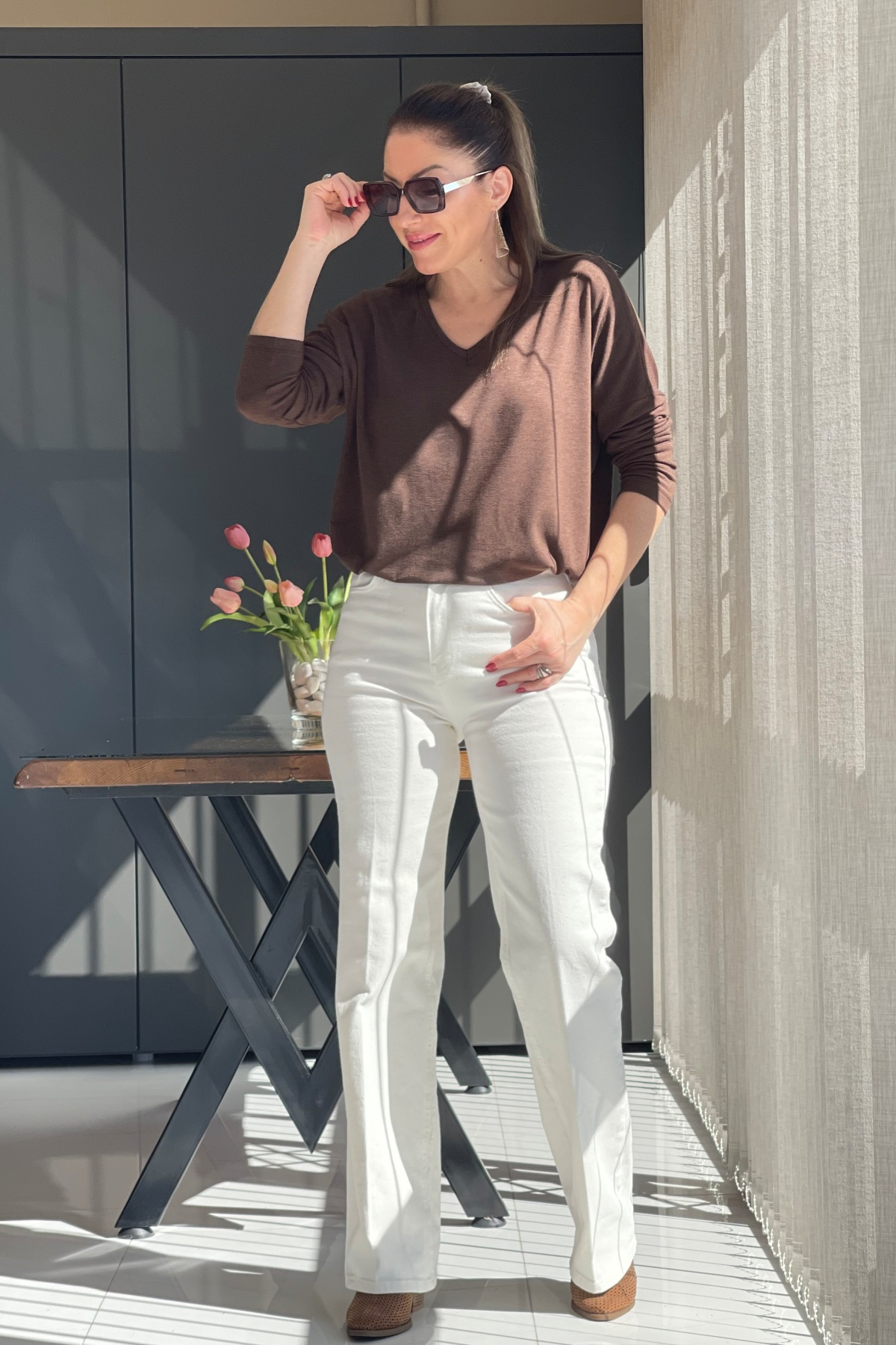 V Yaka Oversize Acı Kahve Bluz