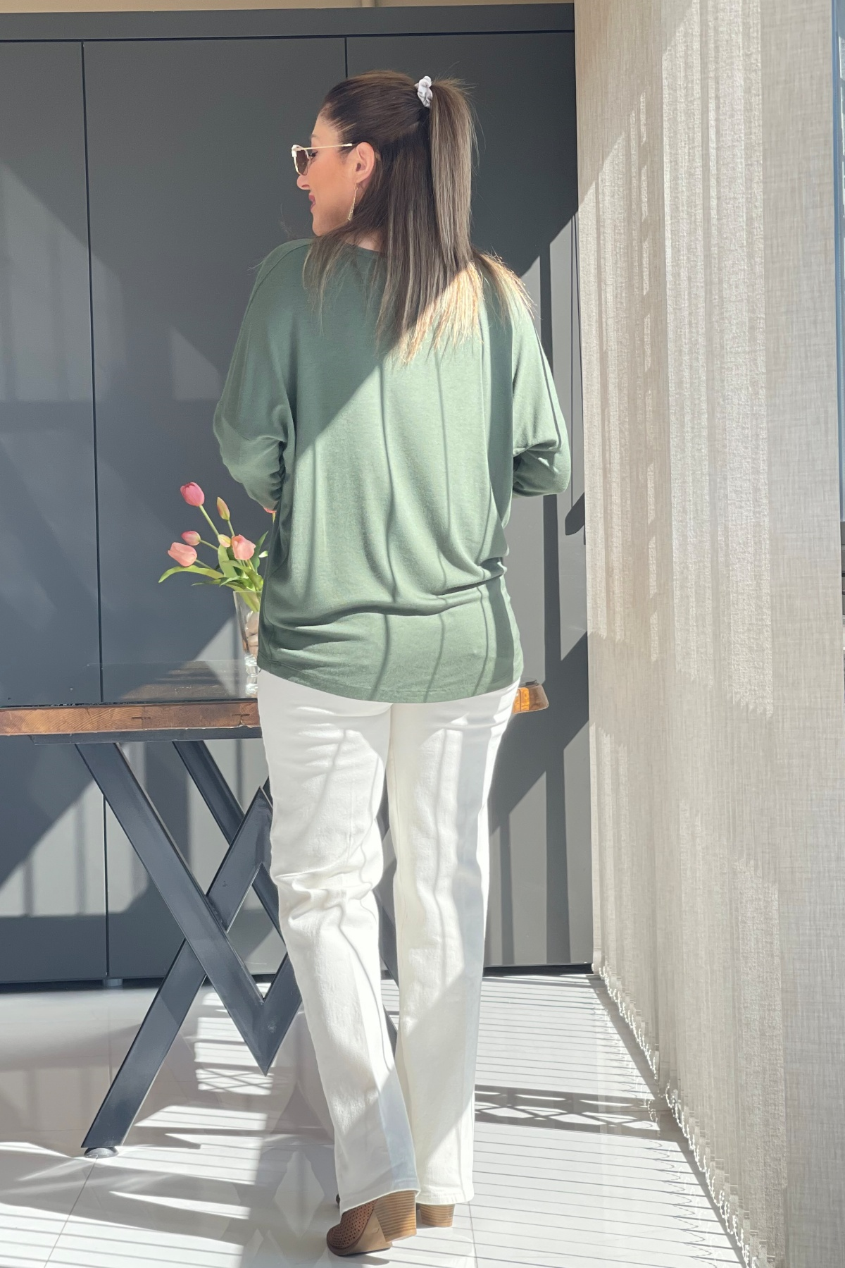 V Yaka Oversize Haki Bluz