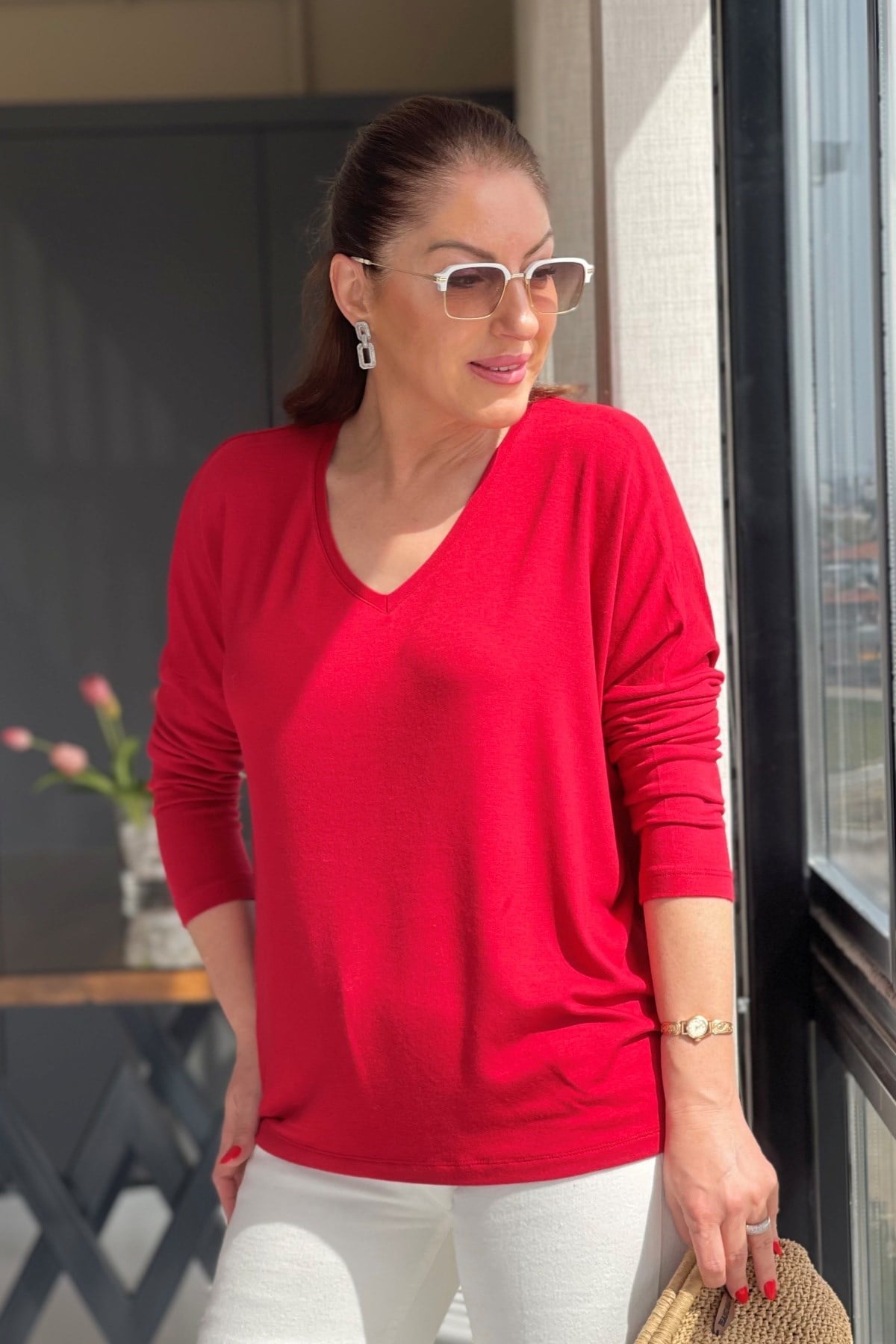 V Yaka Oversize Kırmızı Bluz