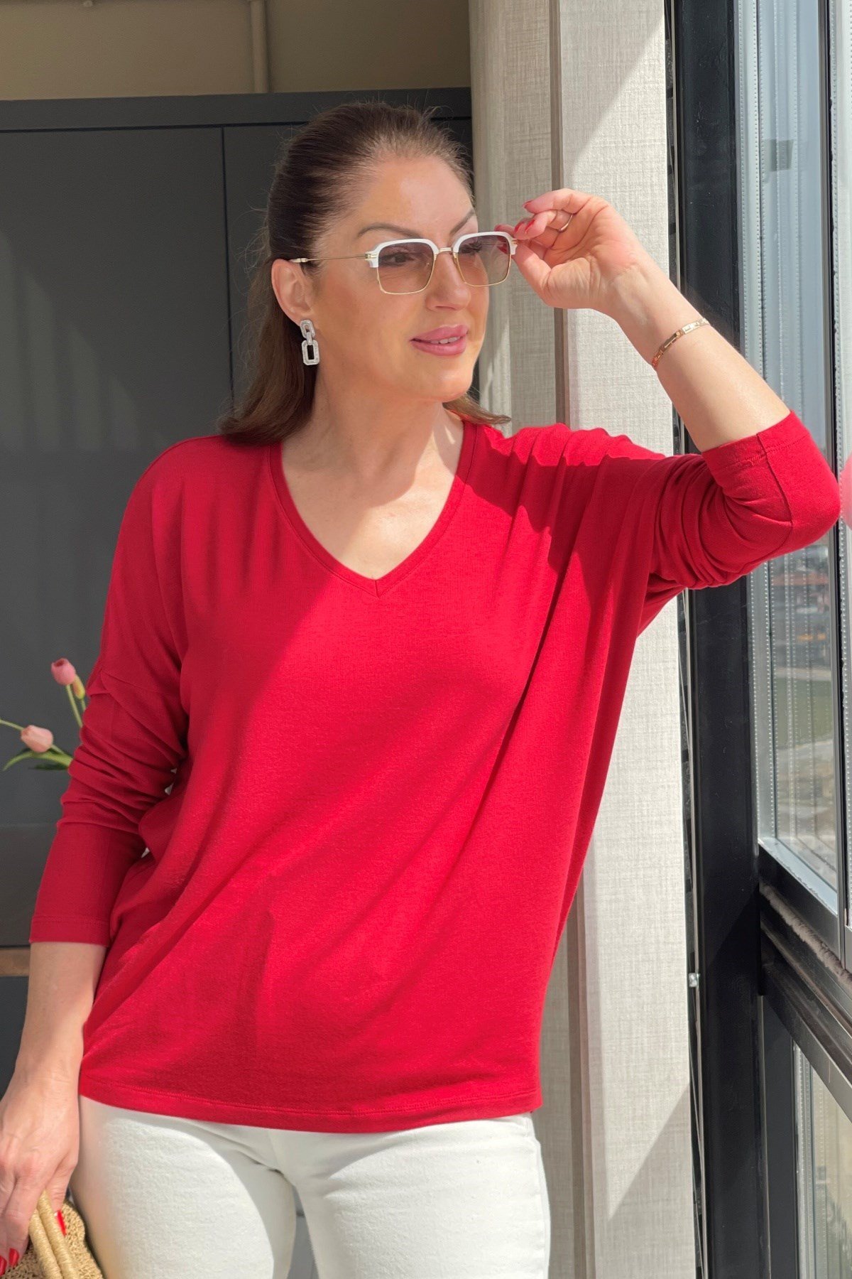 V Yaka Oversize Kırmızı Bluz