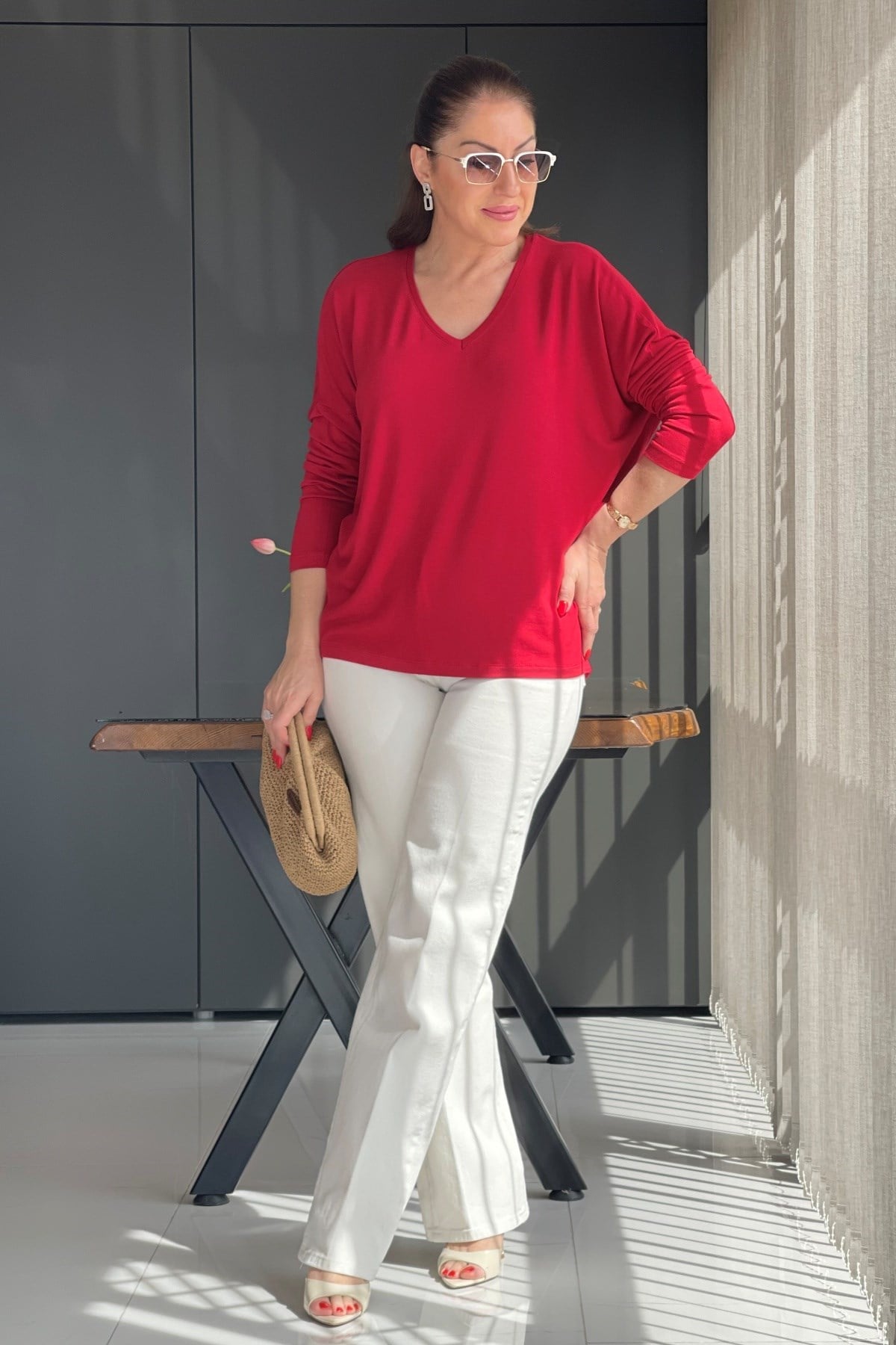 V Yaka Oversize Kırmızı Bluz