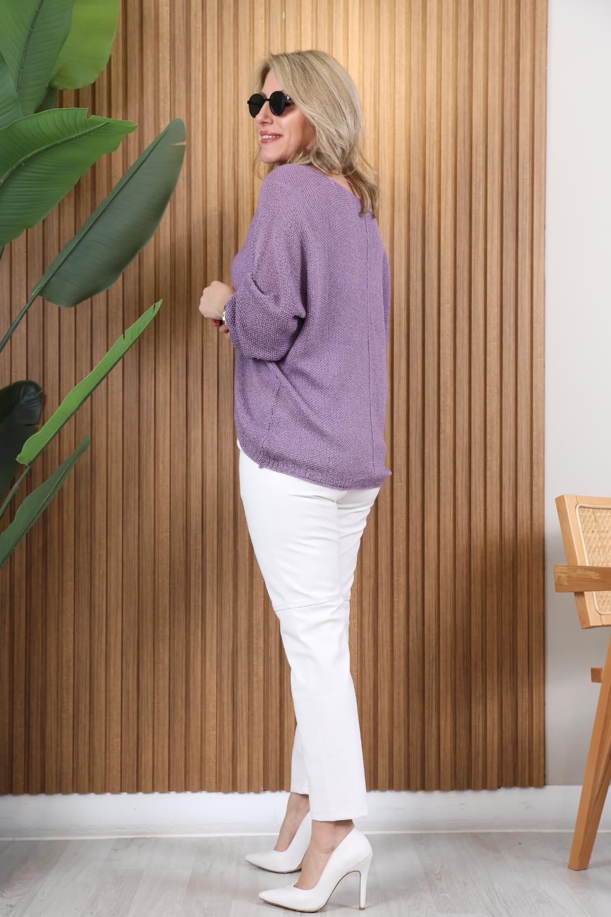 V Yaka Oversize Mor Triko