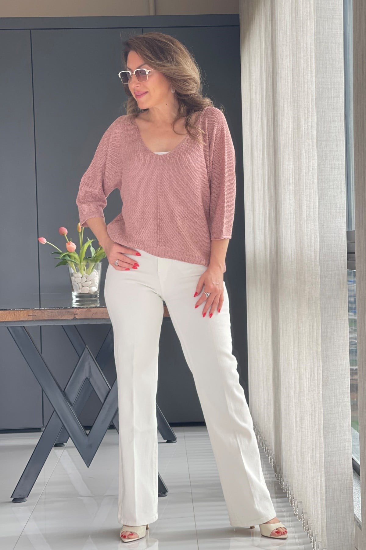 V Yaka Pudra Triko Bluz