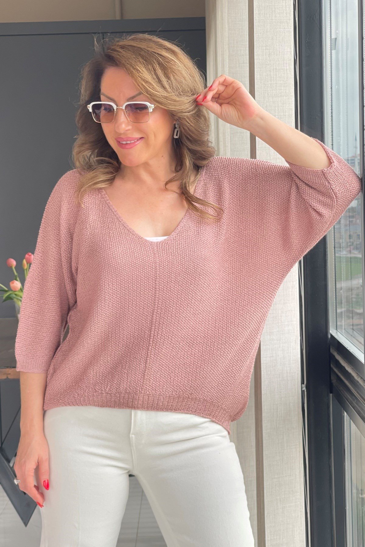 V Yaka Pudra Triko Bluz