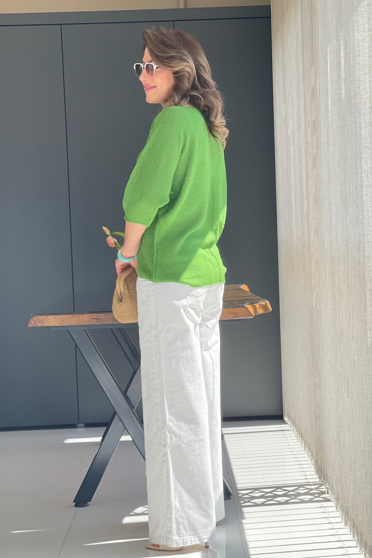 V Yaka Yeşil Triko Bluz