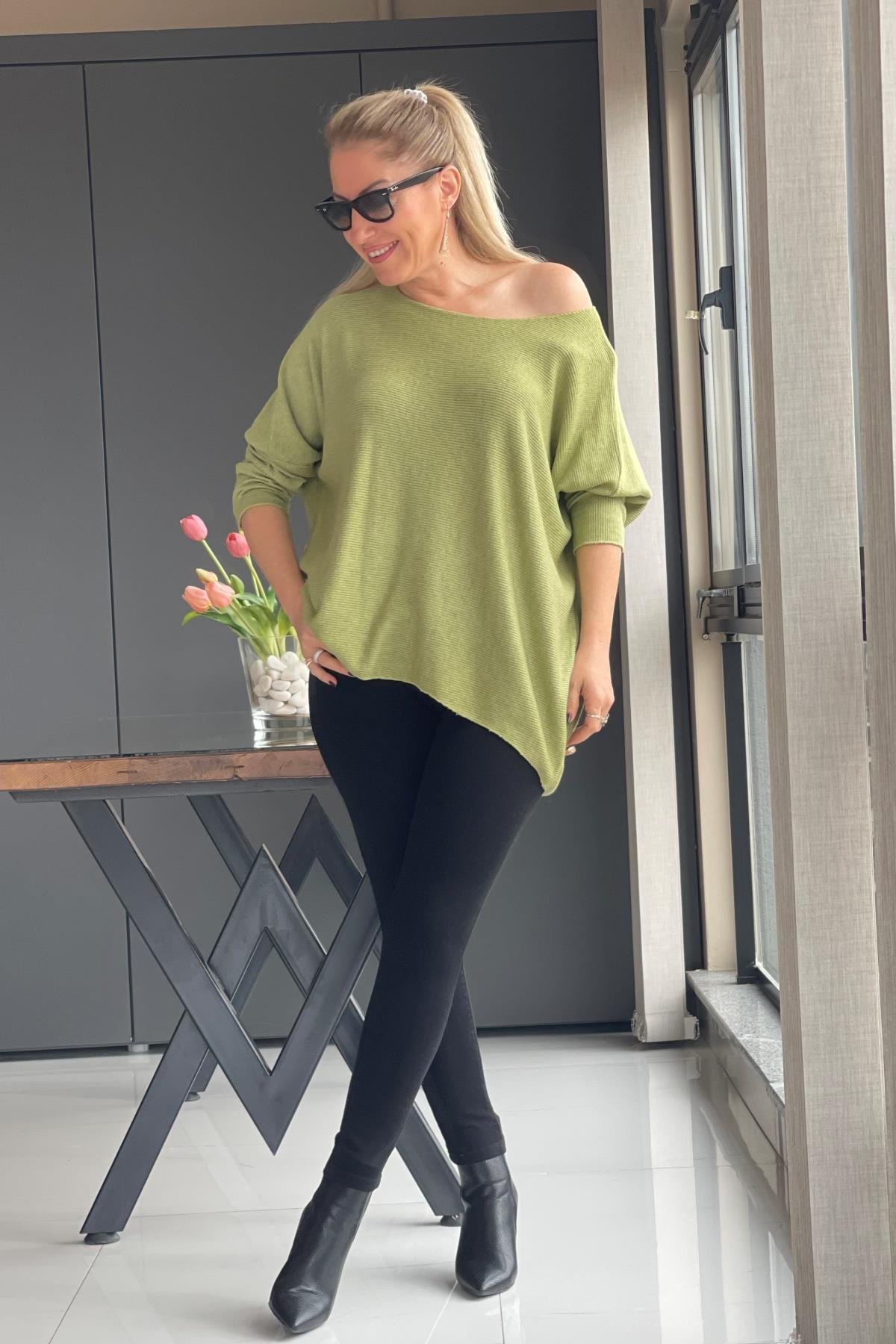 Yağ Yeşili Düz Desen Örme Bluz