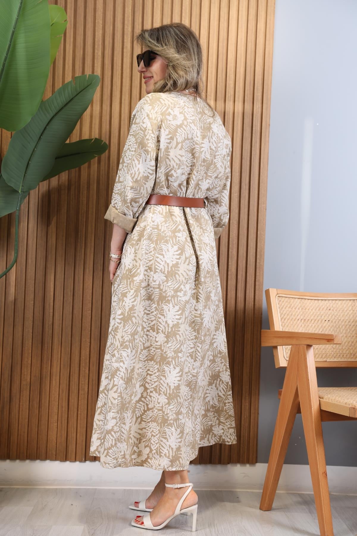 Yaprak Desen İthal Keten Camel Elbise