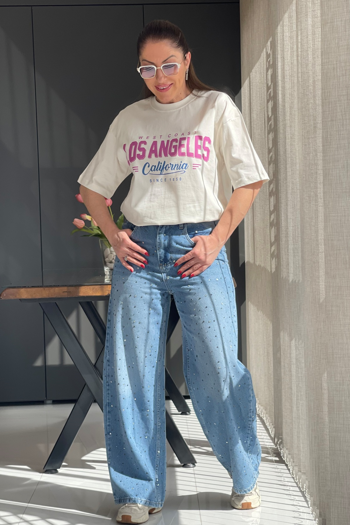 Yazı Detay Ekru Basic T-shirt