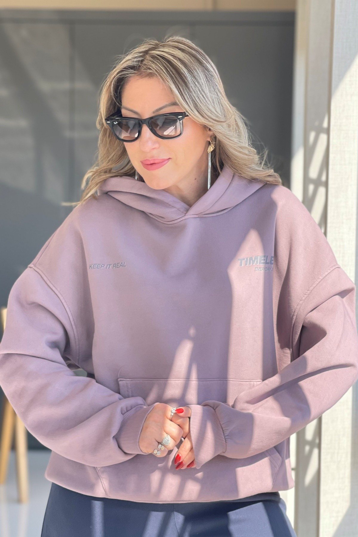 Yazı Detay Kapüşonlu Pudra Sweat