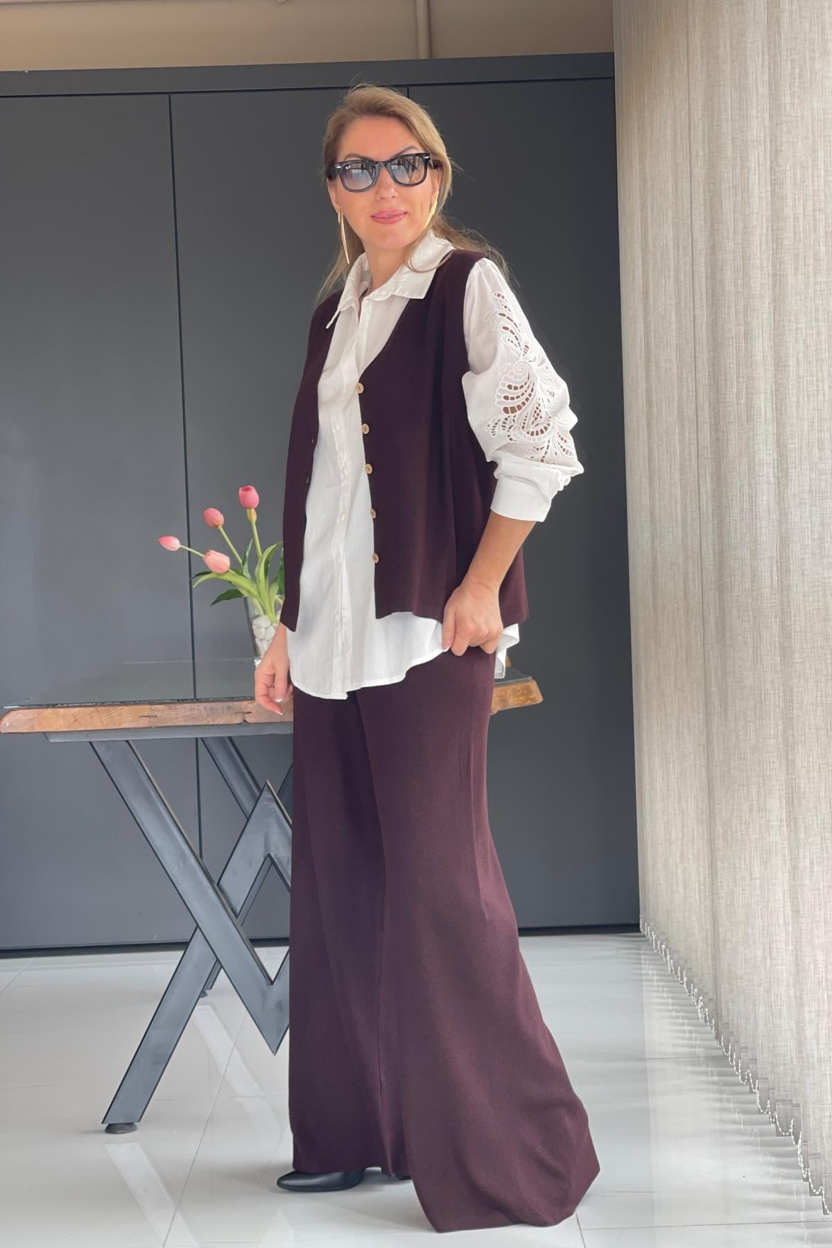 Yelekli Kiraz Renk Triko Takım