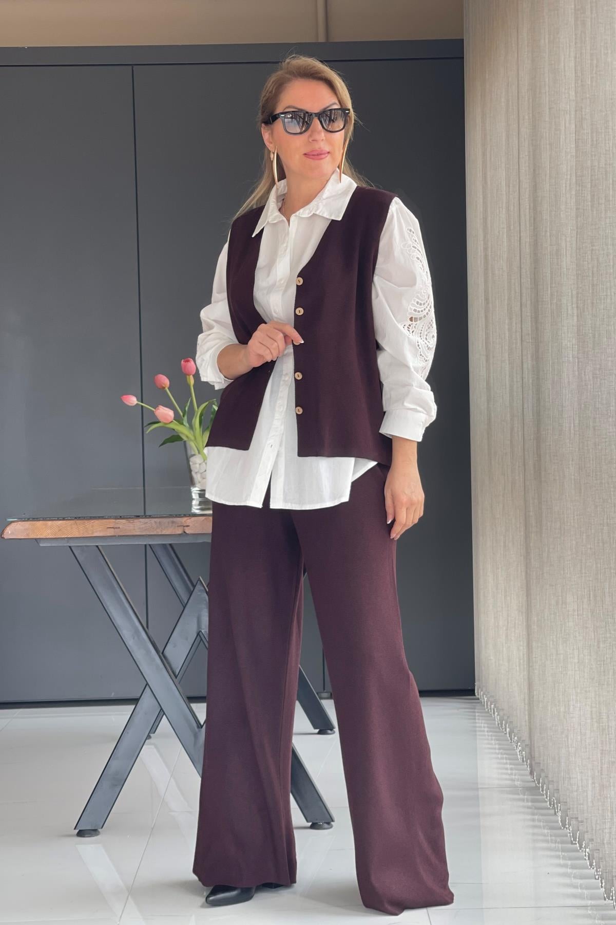 Yelekli Kiraz Renk Triko Takım