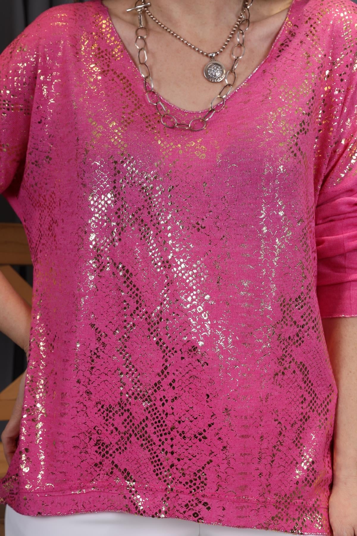 Yılan Derisi Pullu İthal Pembe Bluz