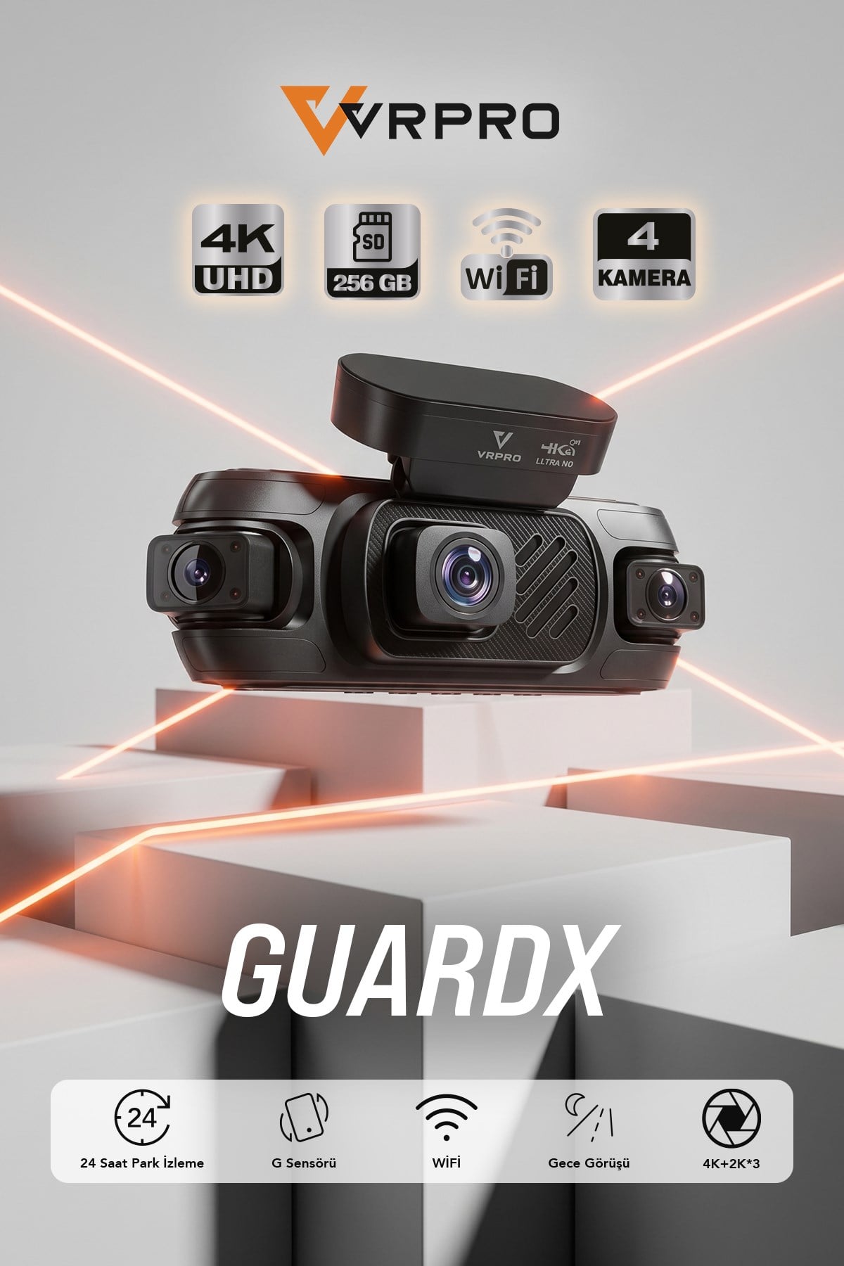 VRPRO GUARDX 4 Kameralı 4K UHD Wi-Fi Akıllı Araç Kamerası - 24 Saat Park İzleme & 256GB Destek