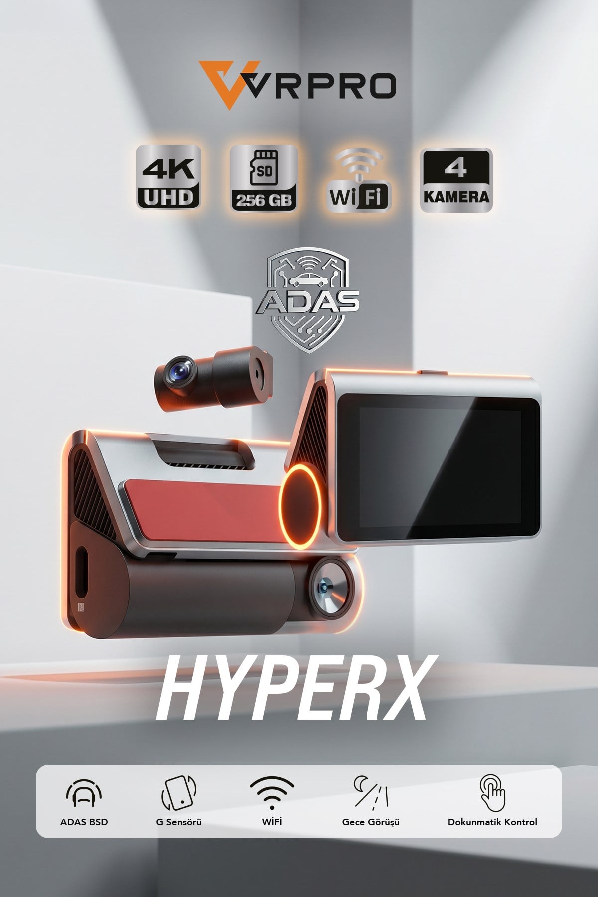 VRPRO HYPERX 4K UHD Dokunmatik Ekranlı Wi-Fi & GPS Araç Kamerası - ADAS Destekli