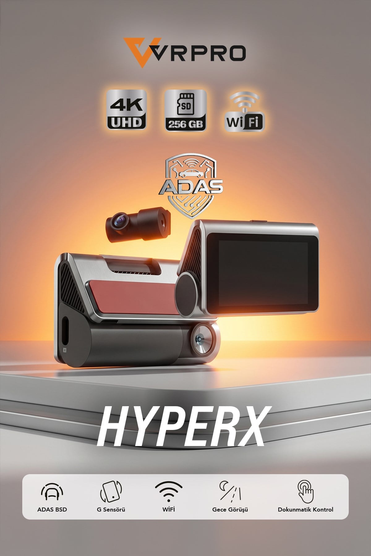 VRPRO HYPERX 4K UHD Dokunmatik Ekranlı Wi-Fi & GPS Araç Kamerası - ADAS Destekli