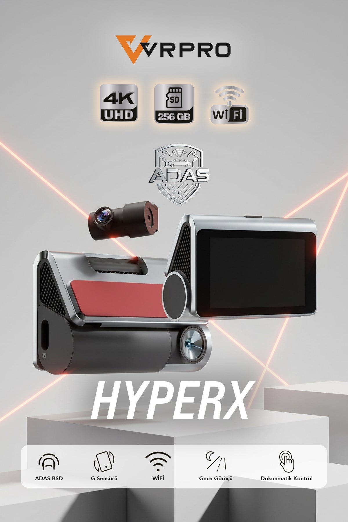 VRPRO HYPERX 4K UHD Dokunmatik Ekranlı Wi-Fi & GPS Araç Kamerası - ADAS Destekli
