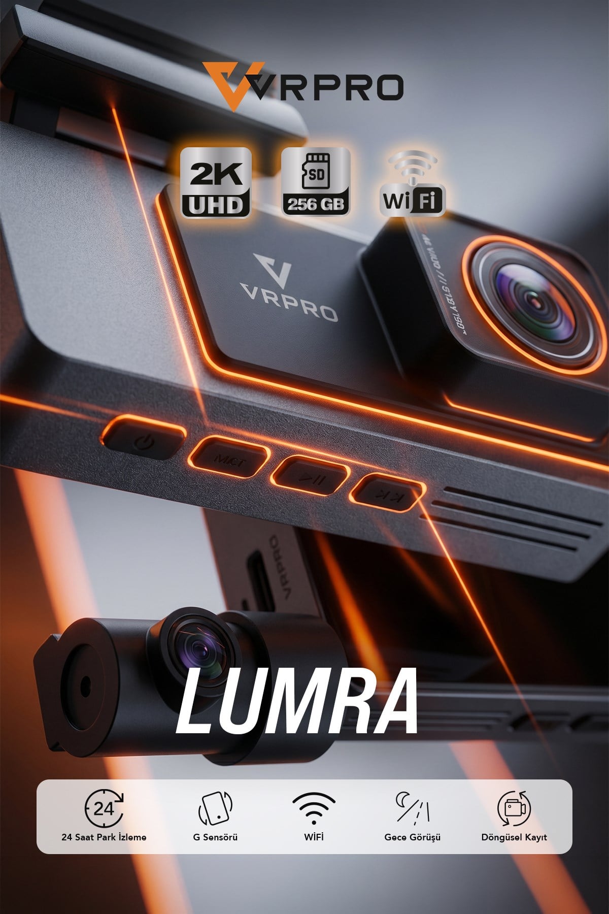 VRPRO LUMRA 2K UHD Wi-Fi Akıllı Araç Kamerası - 24 Saat Park İzleme & Döngüsel Kayıt