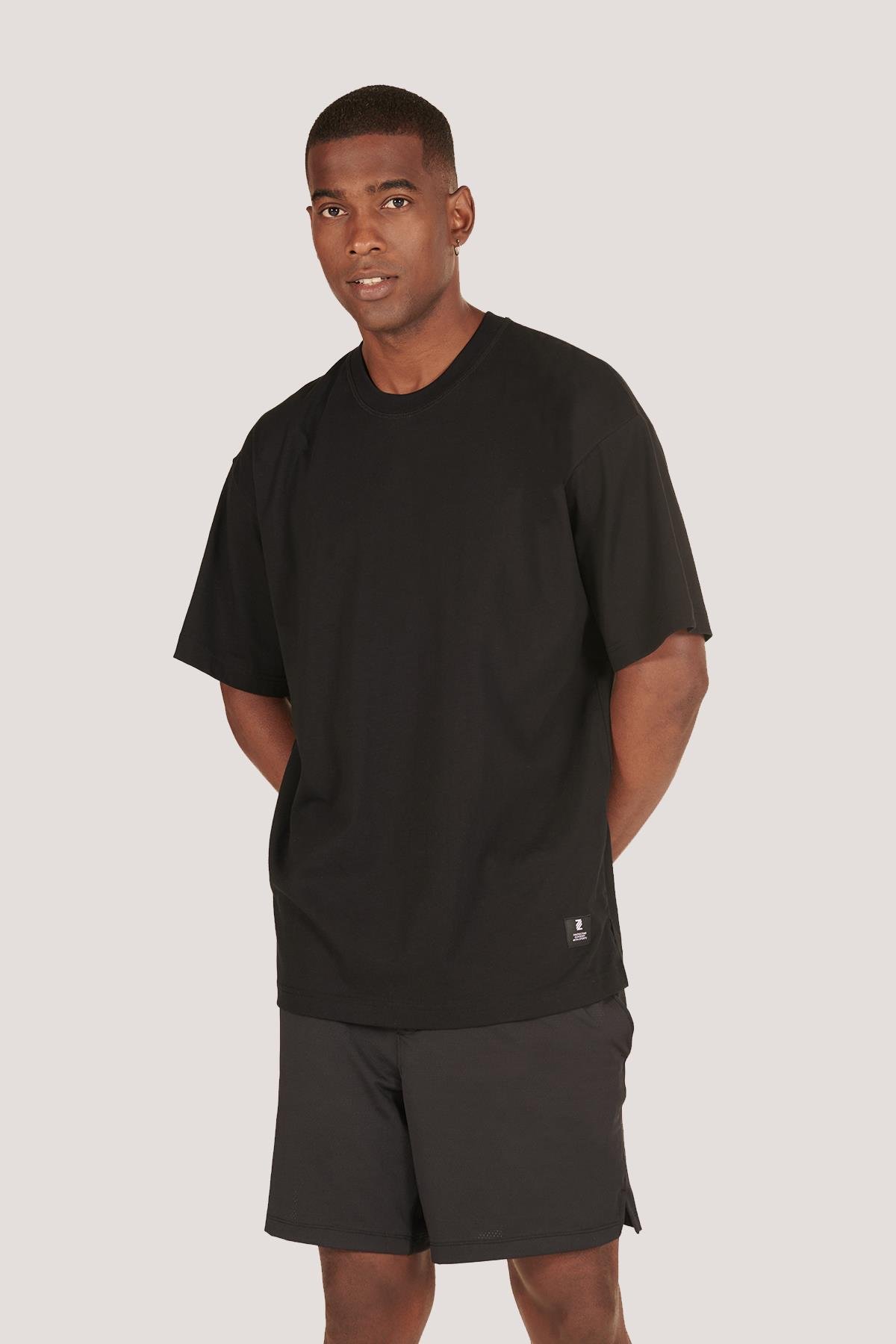 P-005654-Erkek 100% Pamuklu Oversize  Kısa Kol T-shirt-SİYAH