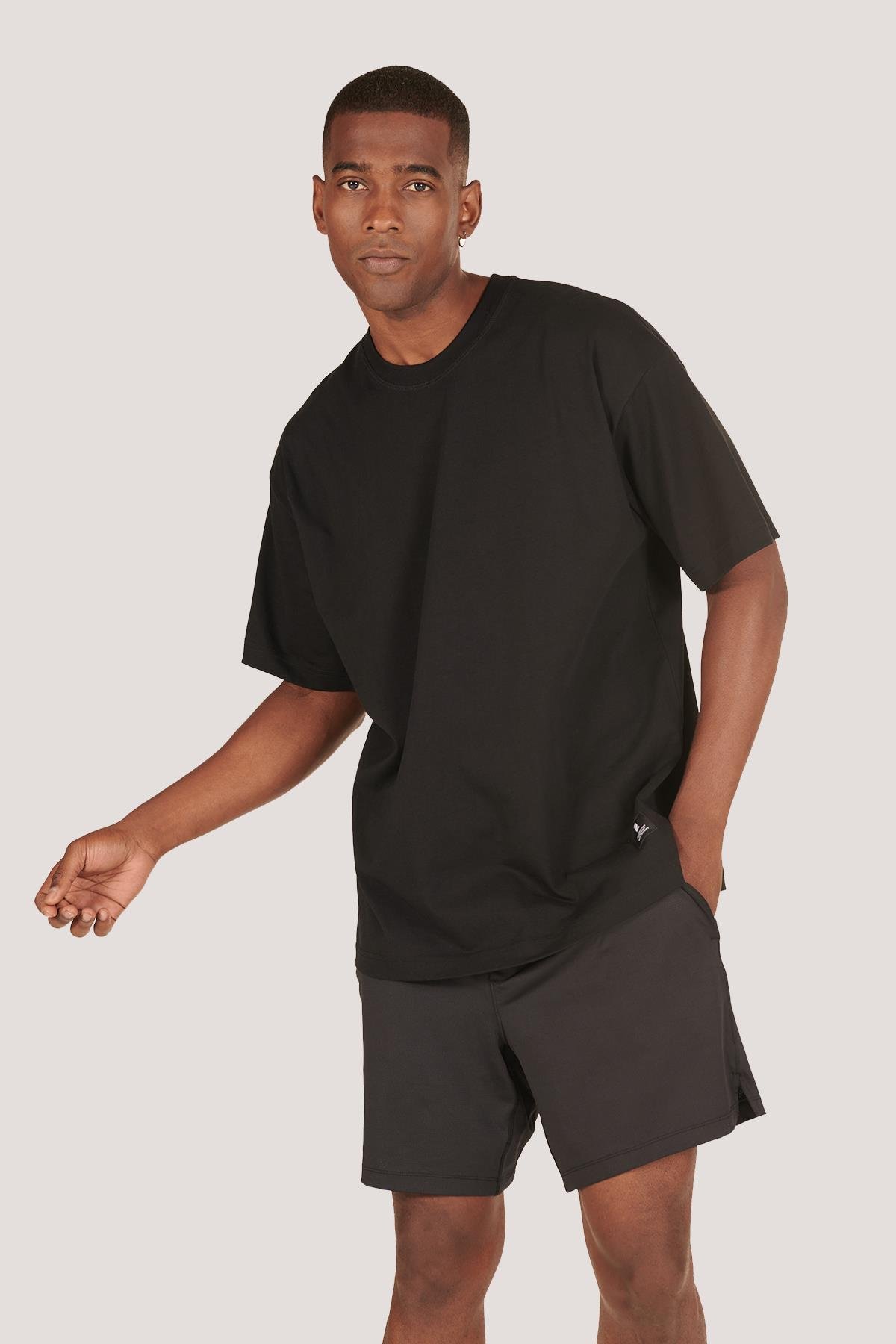 P-005654-Erkek 100% Pamuklu Oversize  Kısa Kol T-shirt-SİYAH