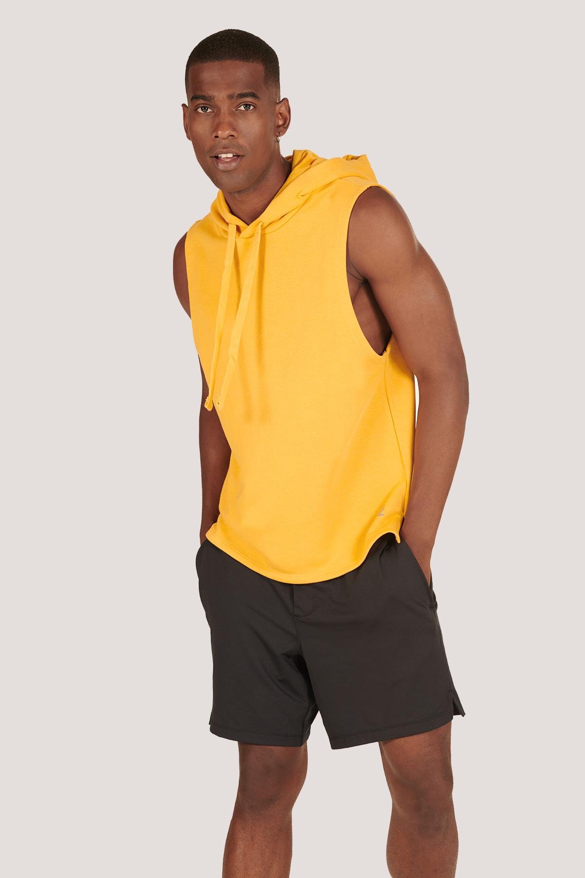 P-005672-Erkek Kapüşonlu Kolsuz Rahat Kesim Sıfır Kol Pamuklu Casual Spor T-shirt - Tişört-HARDAL