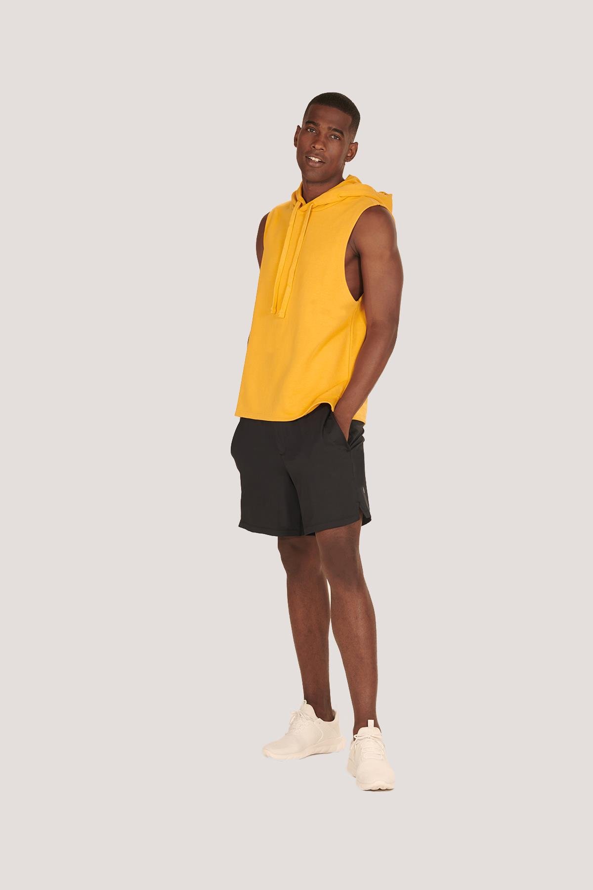 P-005672-Erkek Kapüşonlu Kolsuz Rahat Kesim Sıfır Kol Pamuklu Casual Spor T-shirt - Tişört-HARDAL