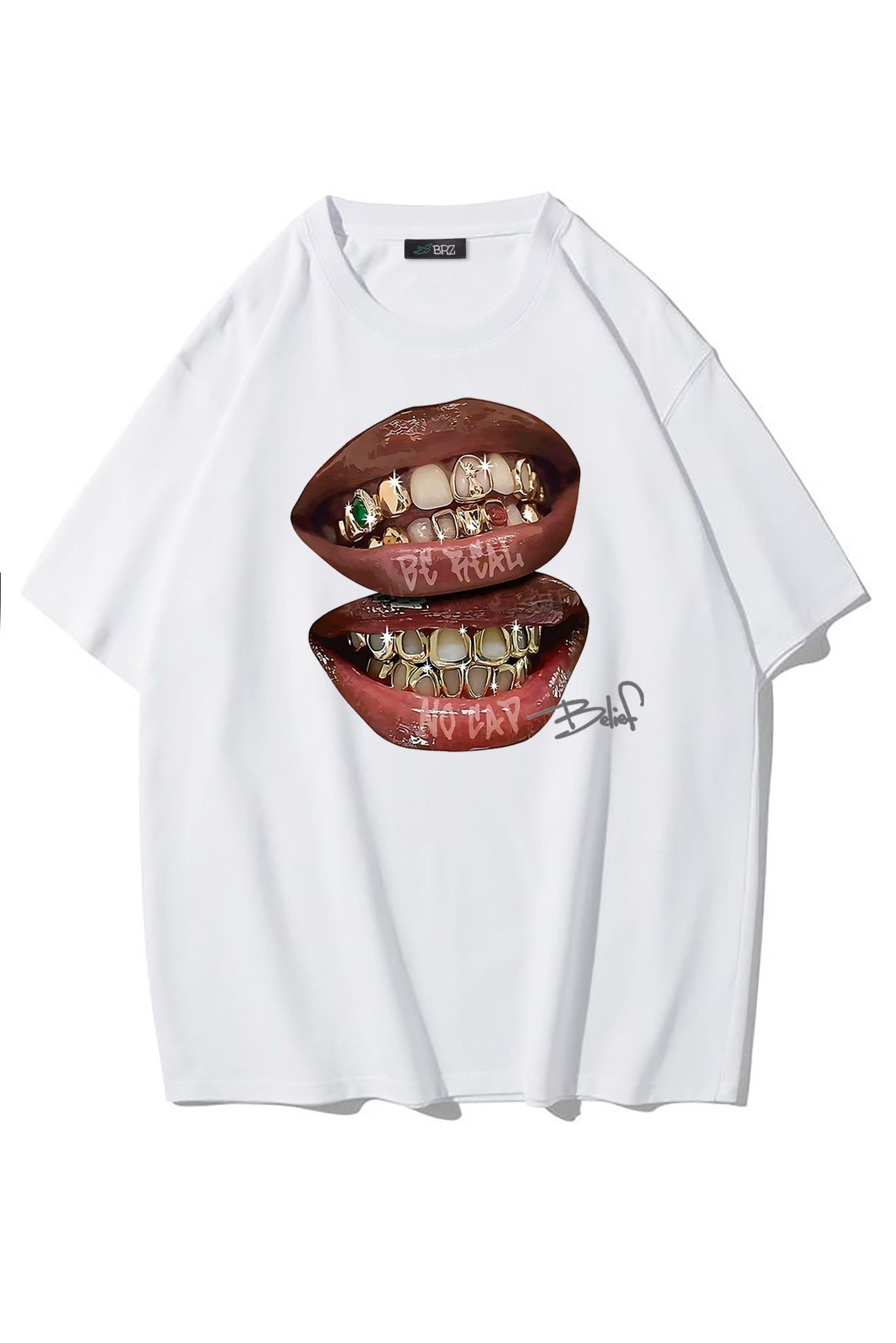 BRZ Collection Be Real No Cap Grillz Tee T-shirt Beyaz