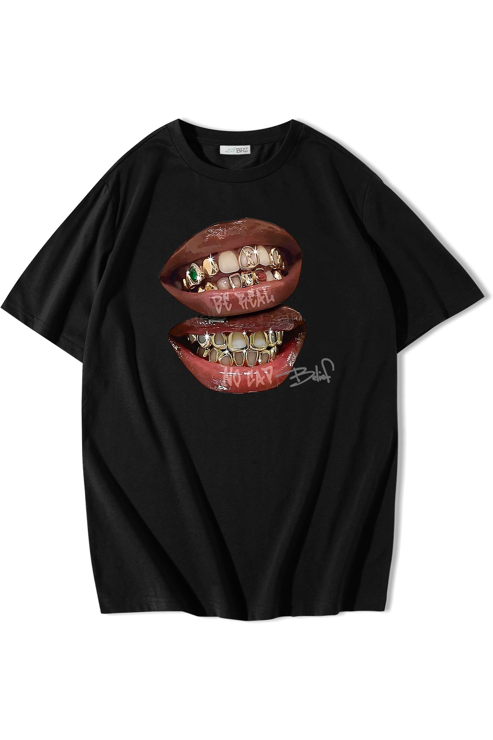 BRZ Collection Be Real No Cap Grillz Tee T-shirt Siyah