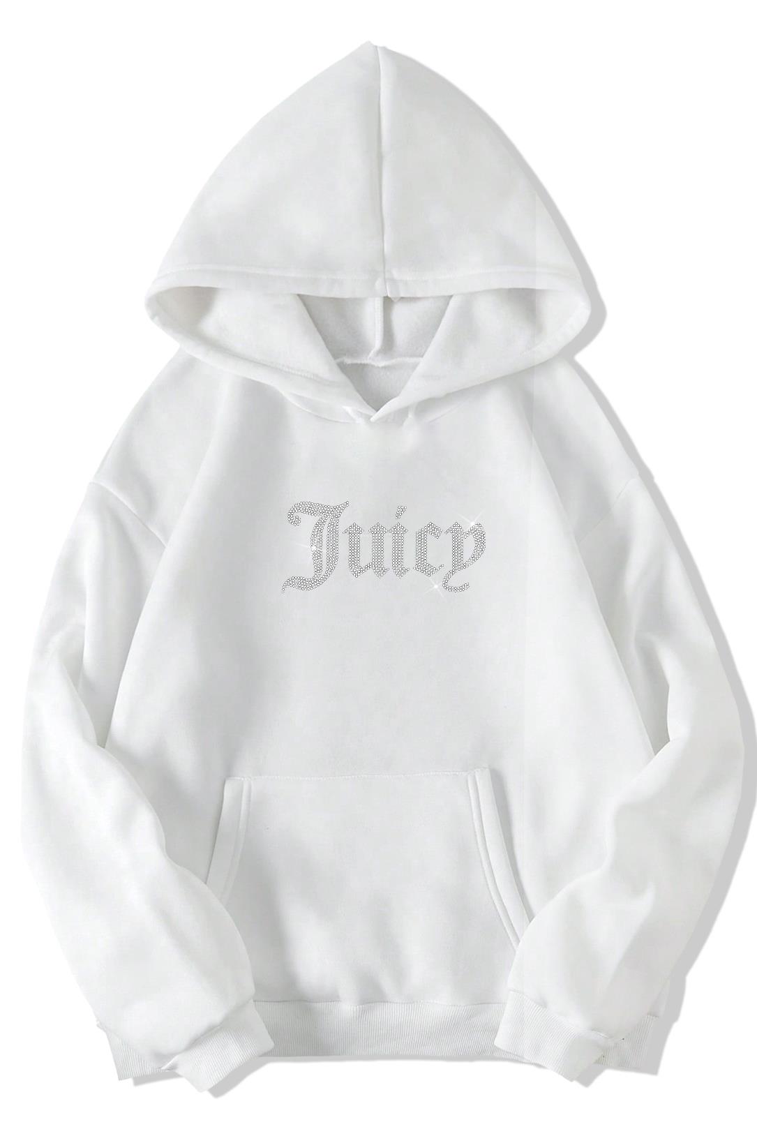 BRZ Collection Beyaz Unisex Oversize Taş Baskılı Juicy Hoodie Beyaz