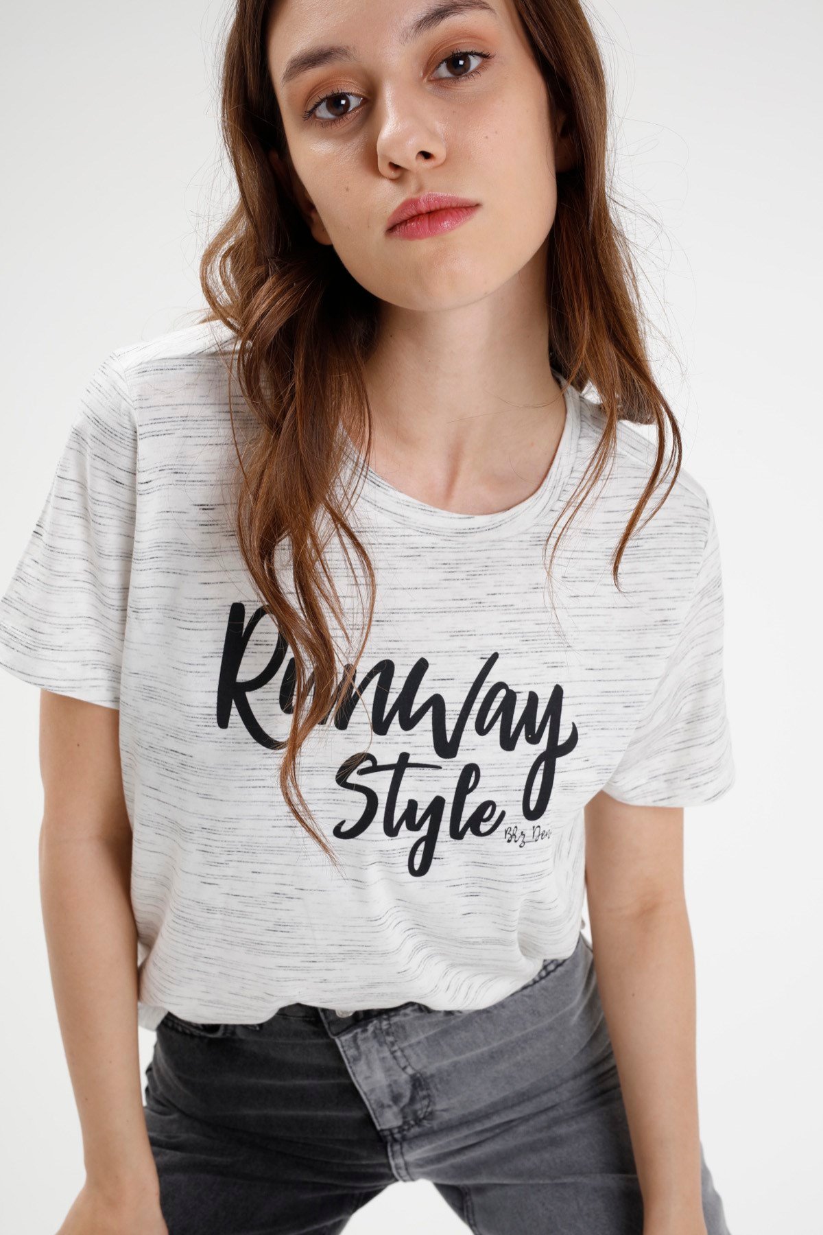 BRZ Collection Ekru Renk Siyah  Kırçıllı Kadın Kısa Kollu T-shirt