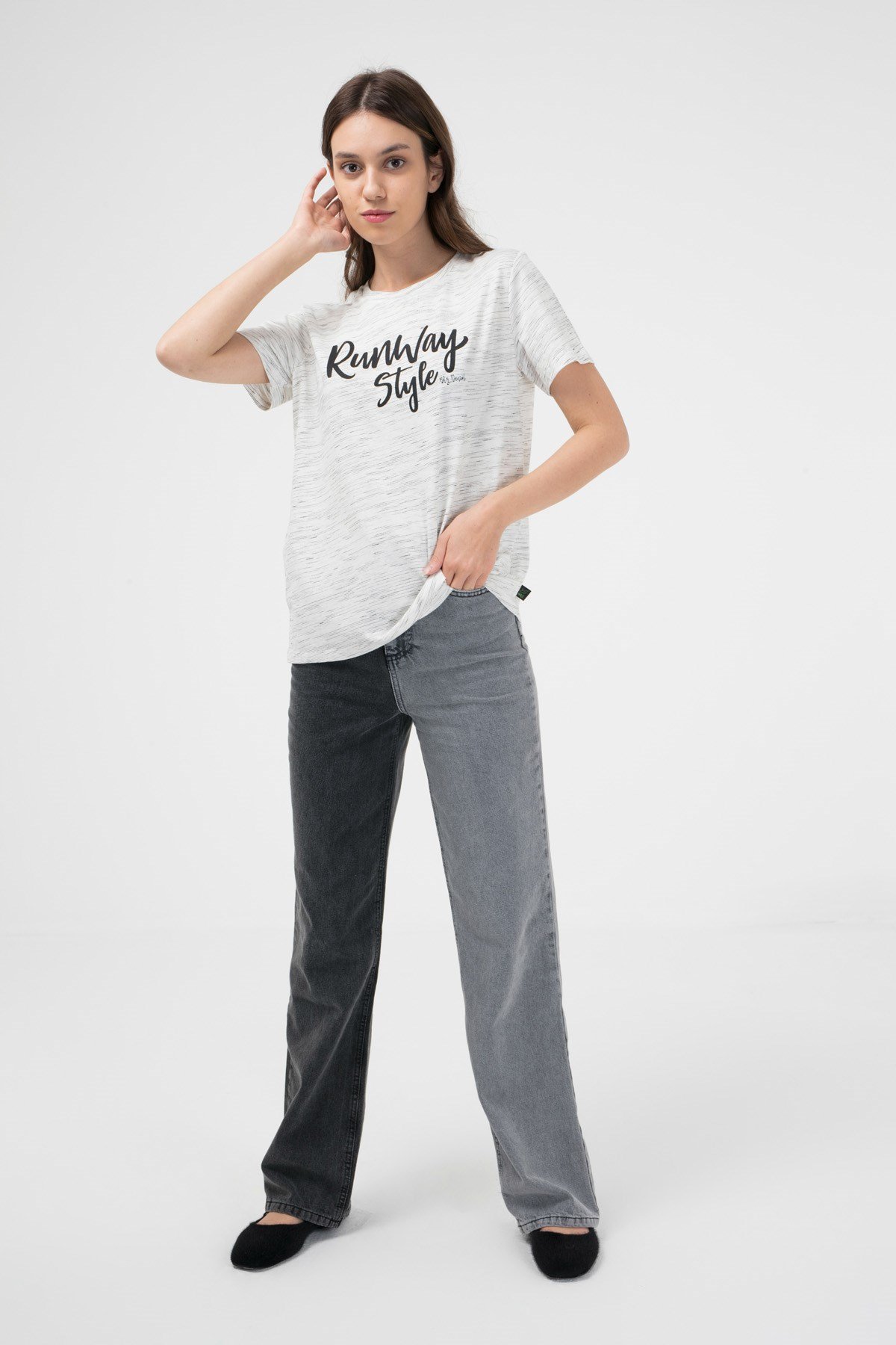BRZ Collection Ekru Renk Siyah  Kırçıllı Kadın Kısa Kollu T-shirt