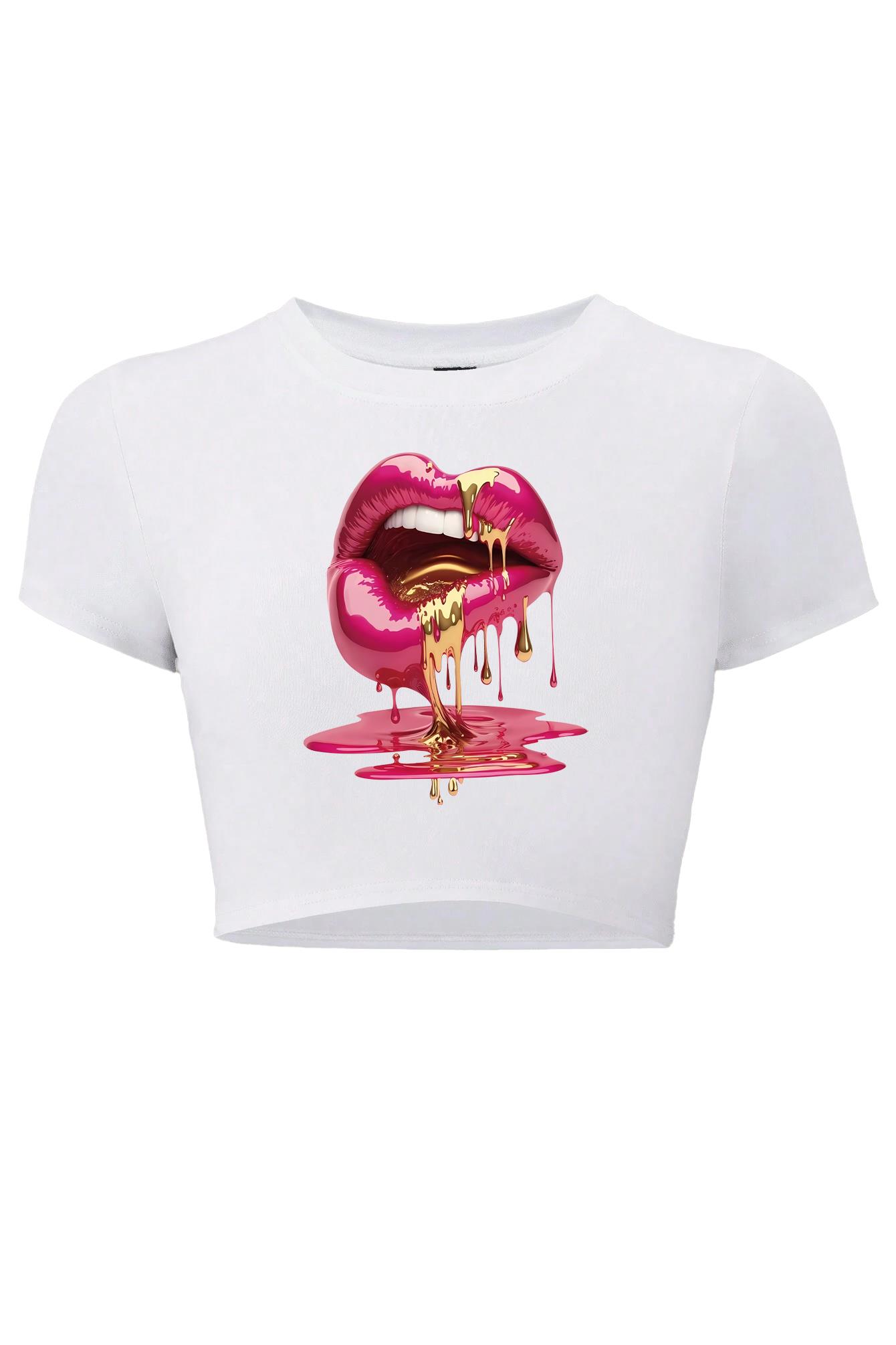 BRZ Collection Kadın Casu Lip Dudak Baskılı Crop T-shirt Beyaz