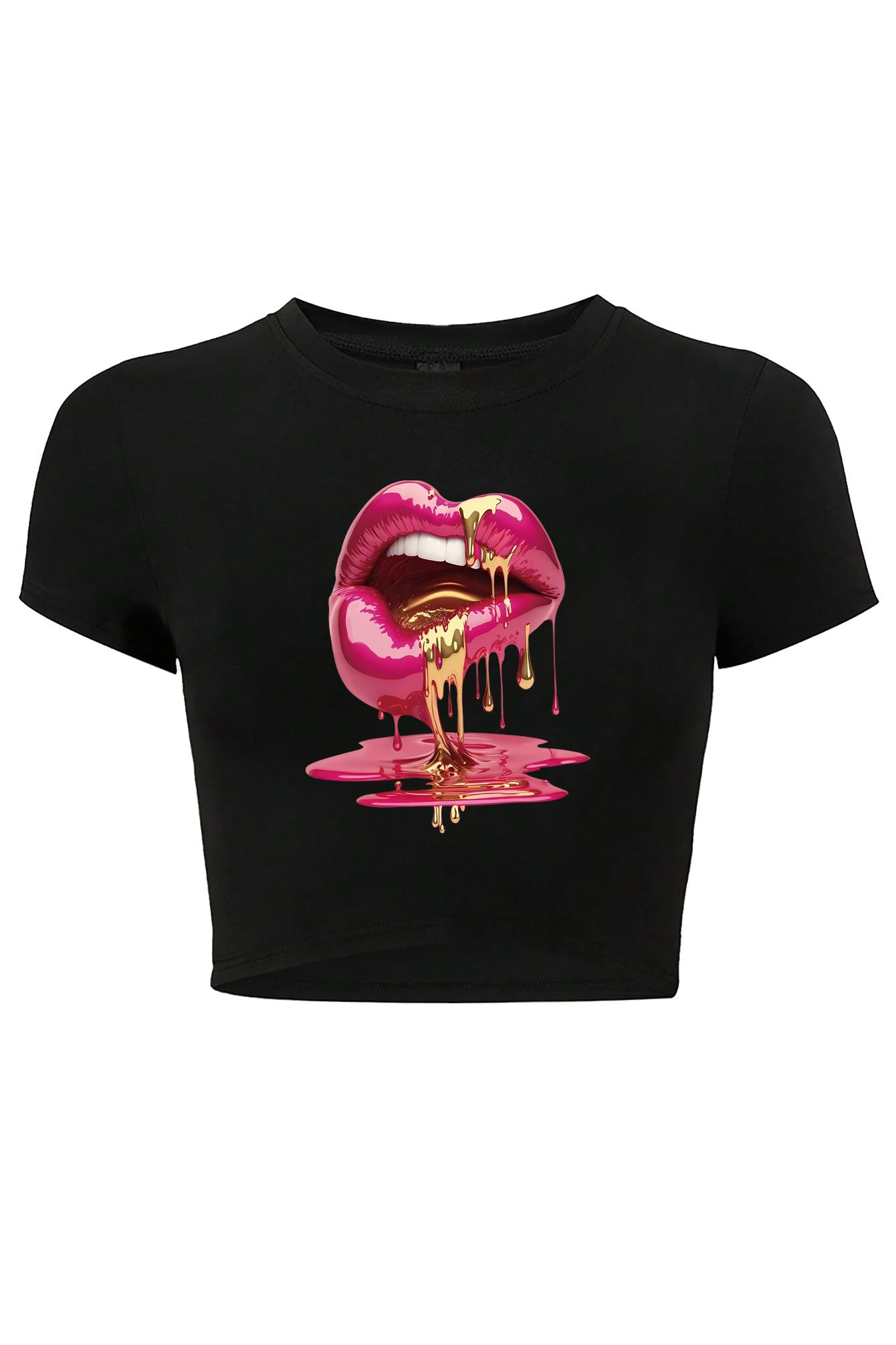 BRZ Collection Kadın Casu Lip Dudak Baskılı Crop T-shirt Siyah