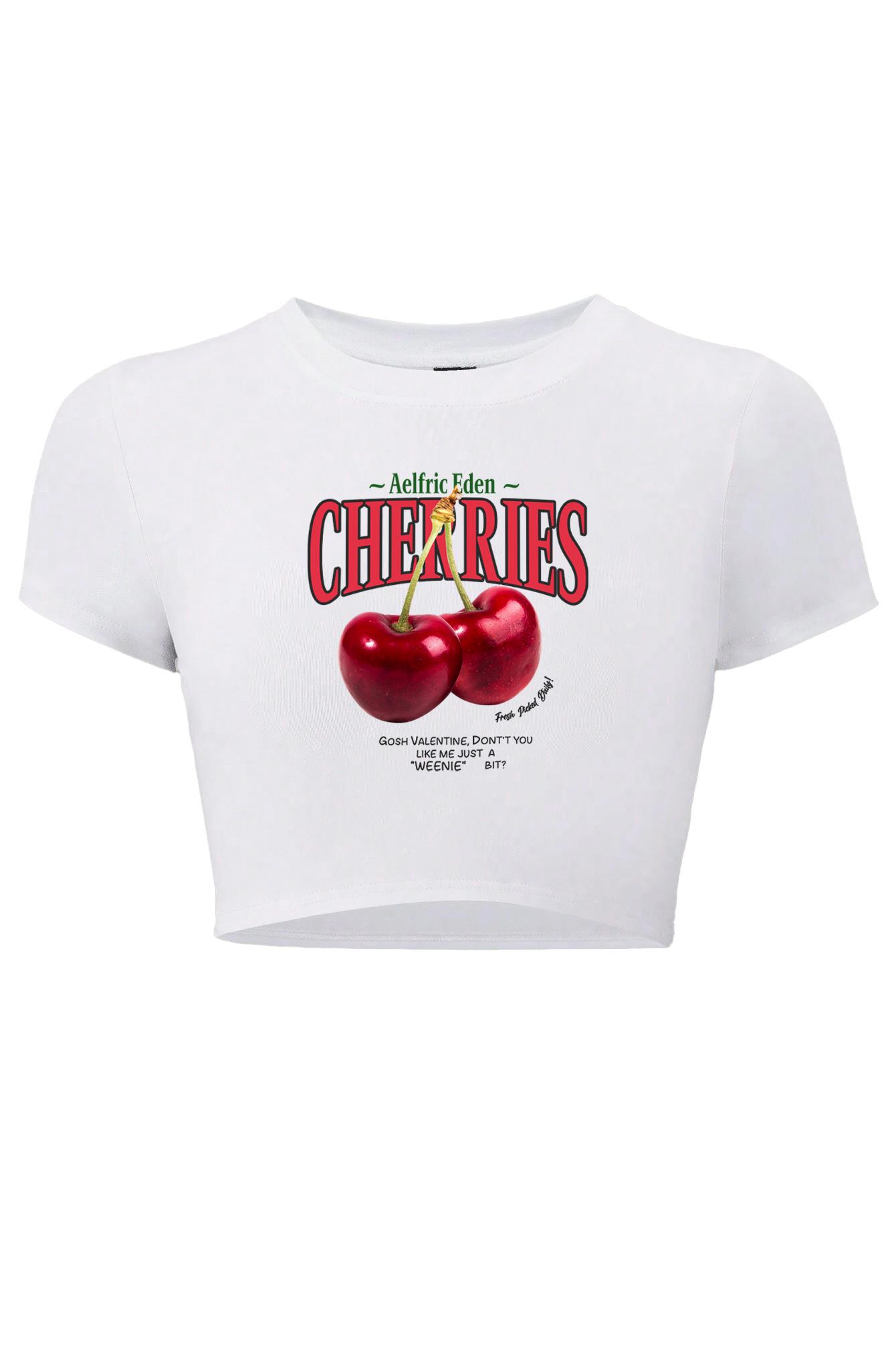 BRZ Collection Kadın Cherries Kristal Taş Baskılı Crop T-shirt Beyaz